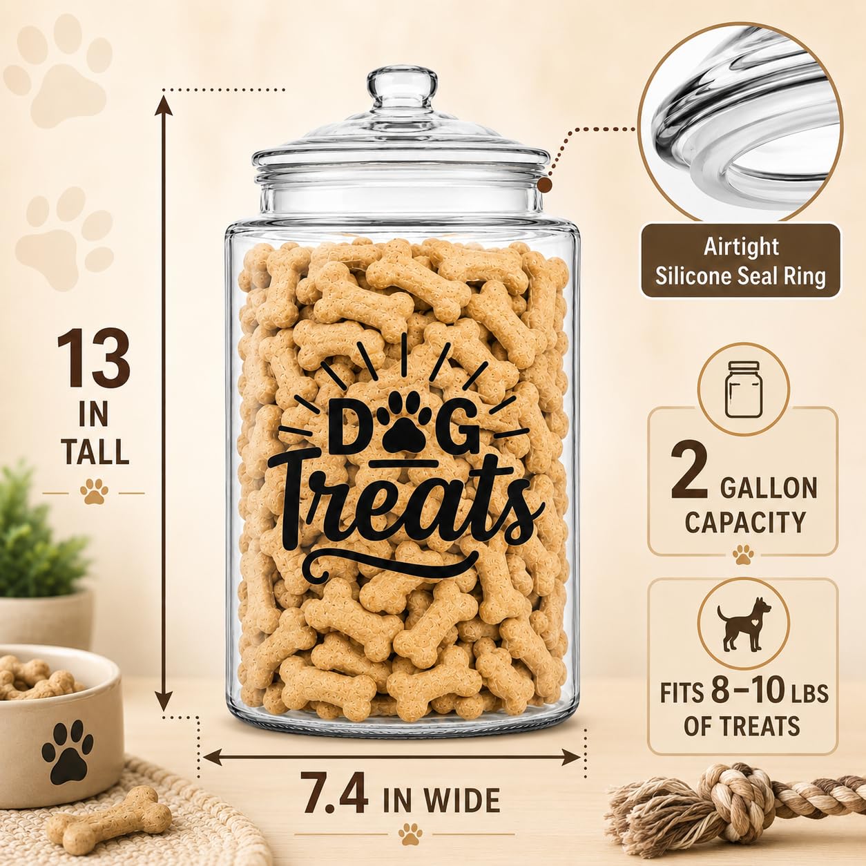 kitchentoolz 1-Gallon Glass Dog Treat Container Airtight – Large Countertop Dog Cookie Jar with Lid for Dog Treat Storage, Decorative Treat Jar & Dachshund Accessories