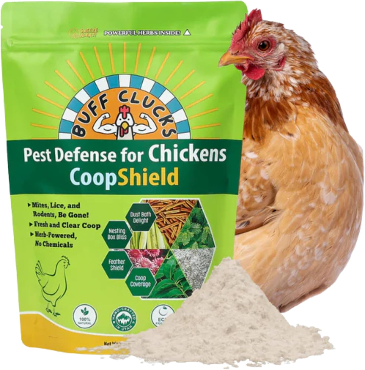 Buff Clucks Coop-Care Bundle – Herb Treat Mix 8 oz & CoopShield Natural + DE Powder | Aromatic Forage Herbs for Chickens for Nesting Boxes & Runs