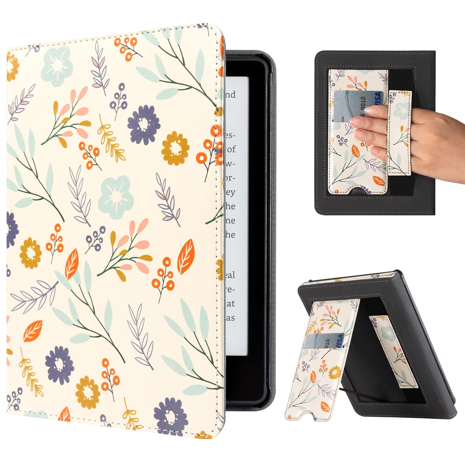 CoBak Case with Stand for Kindle Paperwhite 12th Gen 2024 Released (7") & Kindle Colorsoft Signature Edition - Durable PU Leather Cover with Auto Sleep Wake, Card Slot, Hand Strap Feature, Sage Green