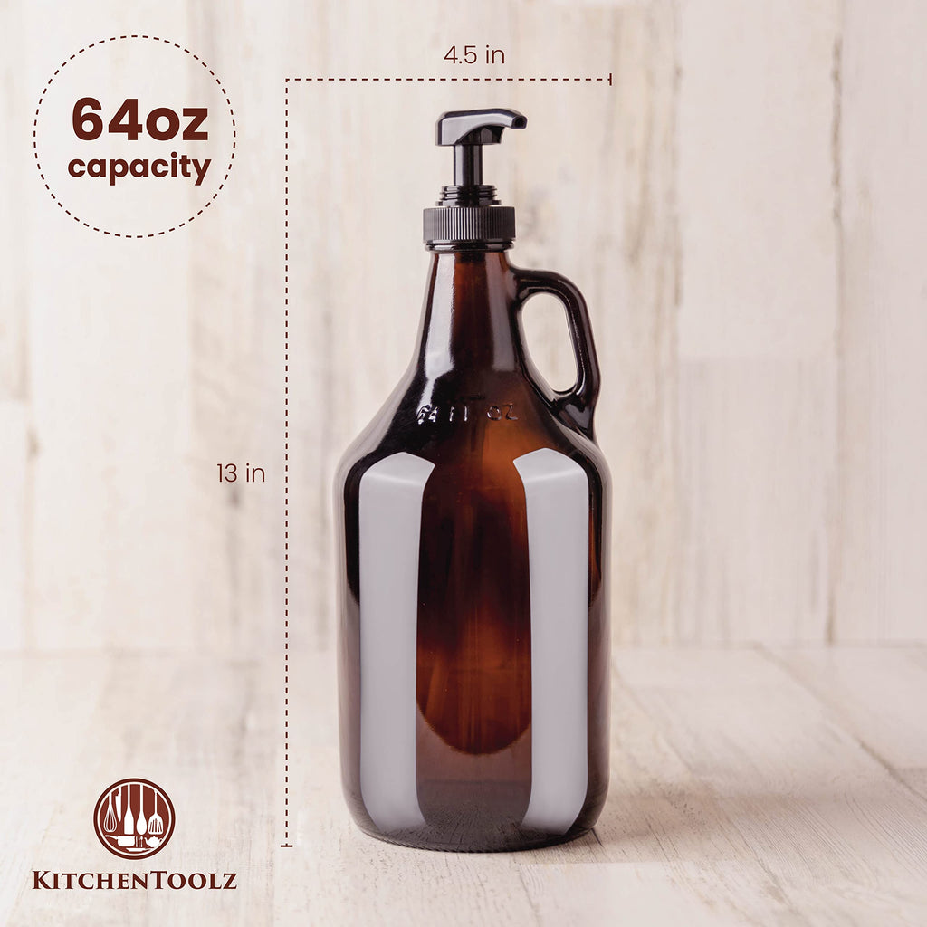 Large Amber Pump Bottle for Salons, Shampoo, Conditioner, Hair Serum, Gel - Half Gallon Glass Jug Pump Dispenser - 64 oz Capacity - Pack of 1- by Kitchentoolz
