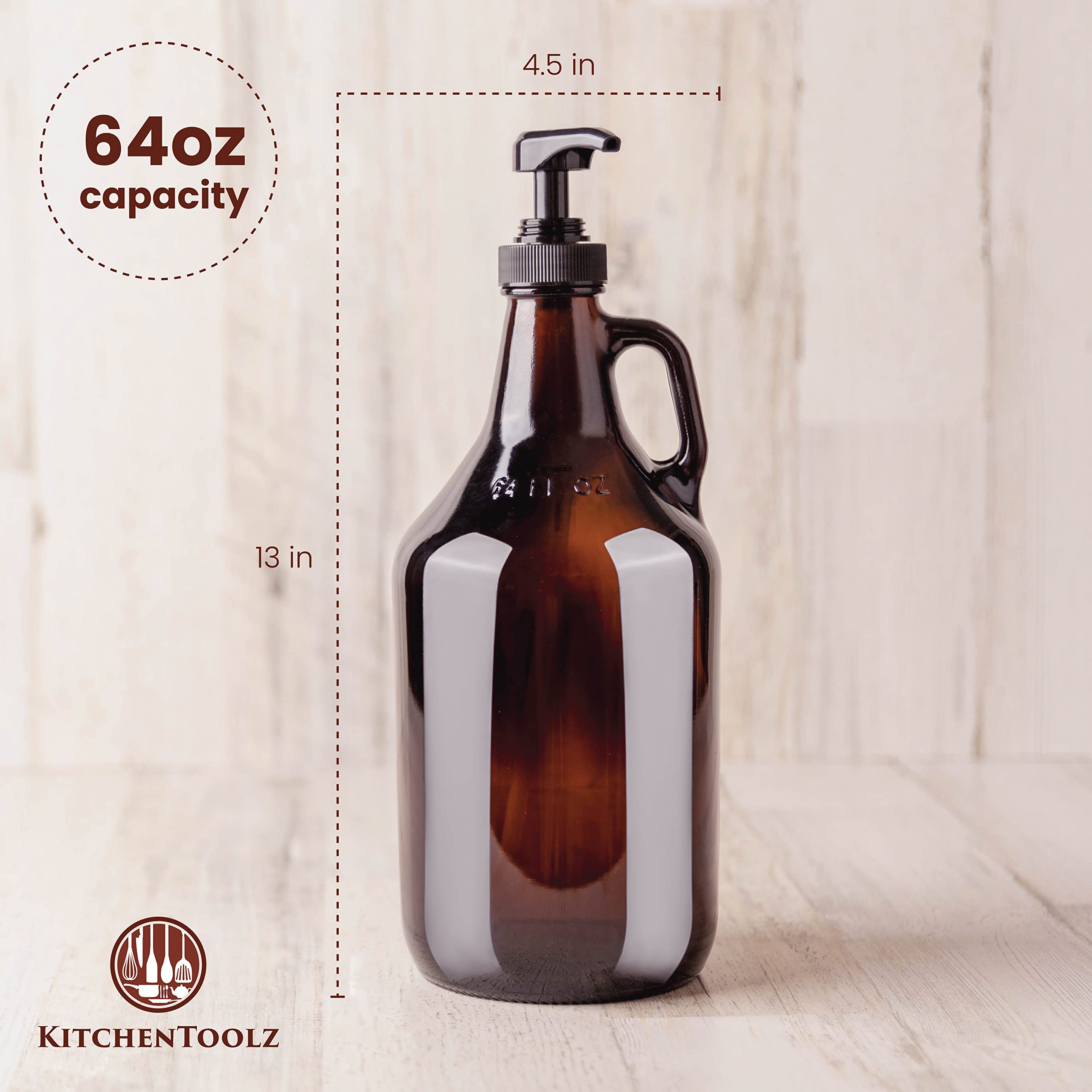 Large Amber Pump Bottle for Salons, Shampoo, Conditioner, Hair Serum, Gel - Half Gallon Glass Jug Pump Dispenser - 64 oz Capacity - Pack of 1- by Kitchentoolz