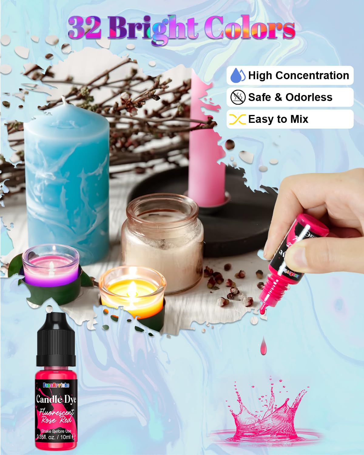 FansArriche Candle Dye - 18 Colors Liquid Oil-Based Dye for Candle Wax, Vivid Candle Color for DIY Candle Making, Highly Concentrated Natural Candle Color