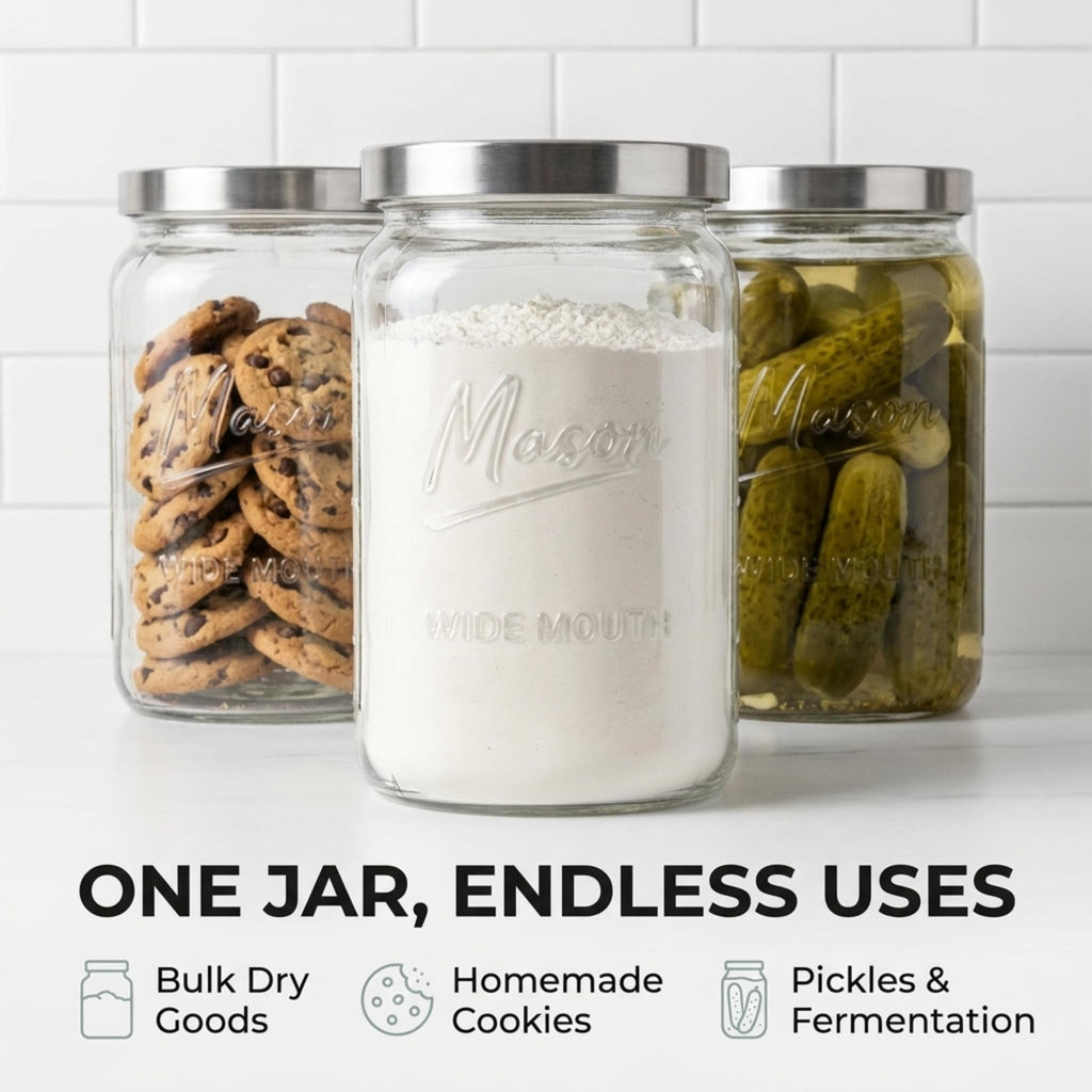 1 Gallon Glass Jars with Lids - Extra Large Mason Jars Wide Mouth with Airtight Metal Screw On Lids - Square Glass Storage Containers with Measurements for Flour, Sugar, Cookies & Pickling, 2 Pack