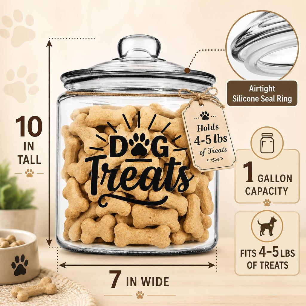 kitchentoolz 1-Gallon Glass Dog Treat Container Airtight – Large Countertop Dog Cookie Jar with Lid for Dog Treat Storage, Decorative Treat Jar & Dachshund Accessories