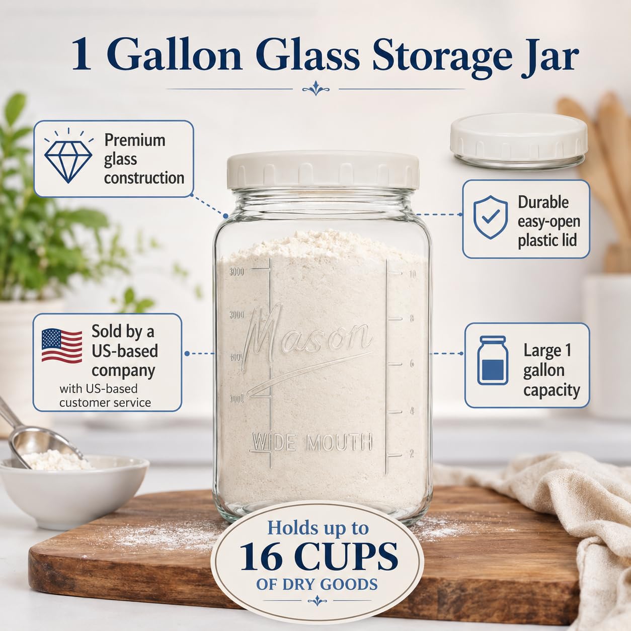 Kitchentoolz Extra Large Mason Jar - 1 Gallon Glass Wide Mouth Jar with Airtight Metal Screw on Lid, Food Storage Container with Measurement Marks For Kitchen Pantry, Pickling, Flour & Sugar Pack of 1