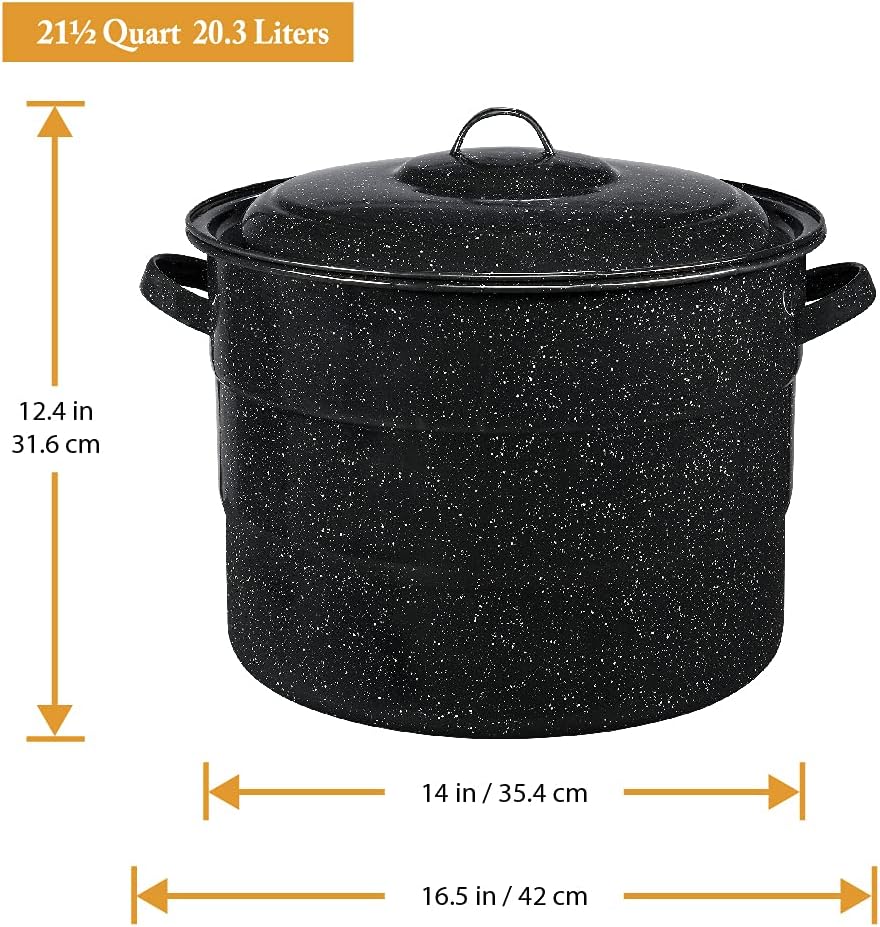 Granite Ware Canning Pot with Rack & Lid - 21 Quart Large Boiling Water Canning Set for Jar Sterilization & Pickling on Stove/Open Flame – Scratch-Resistant Porcelain Enamel & Steel Core (Black)