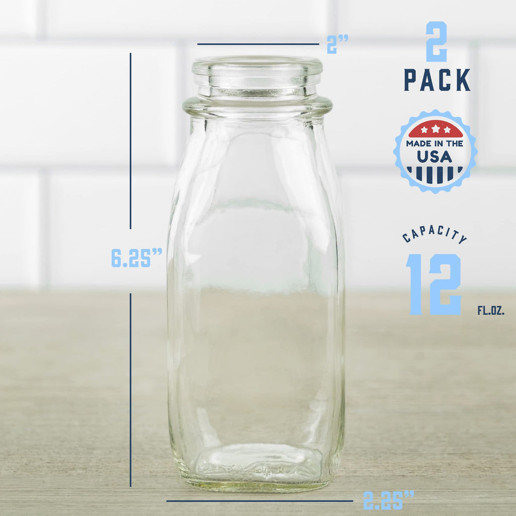 kitchentoolz Glass Creamer Bottle 12 Oz Square Glass Milk Bottle with Lids- Glass Bottles with Lids - Milk Container for Refrigerator - 12 Ounce Milk Bottle with Lid and Pour Spout