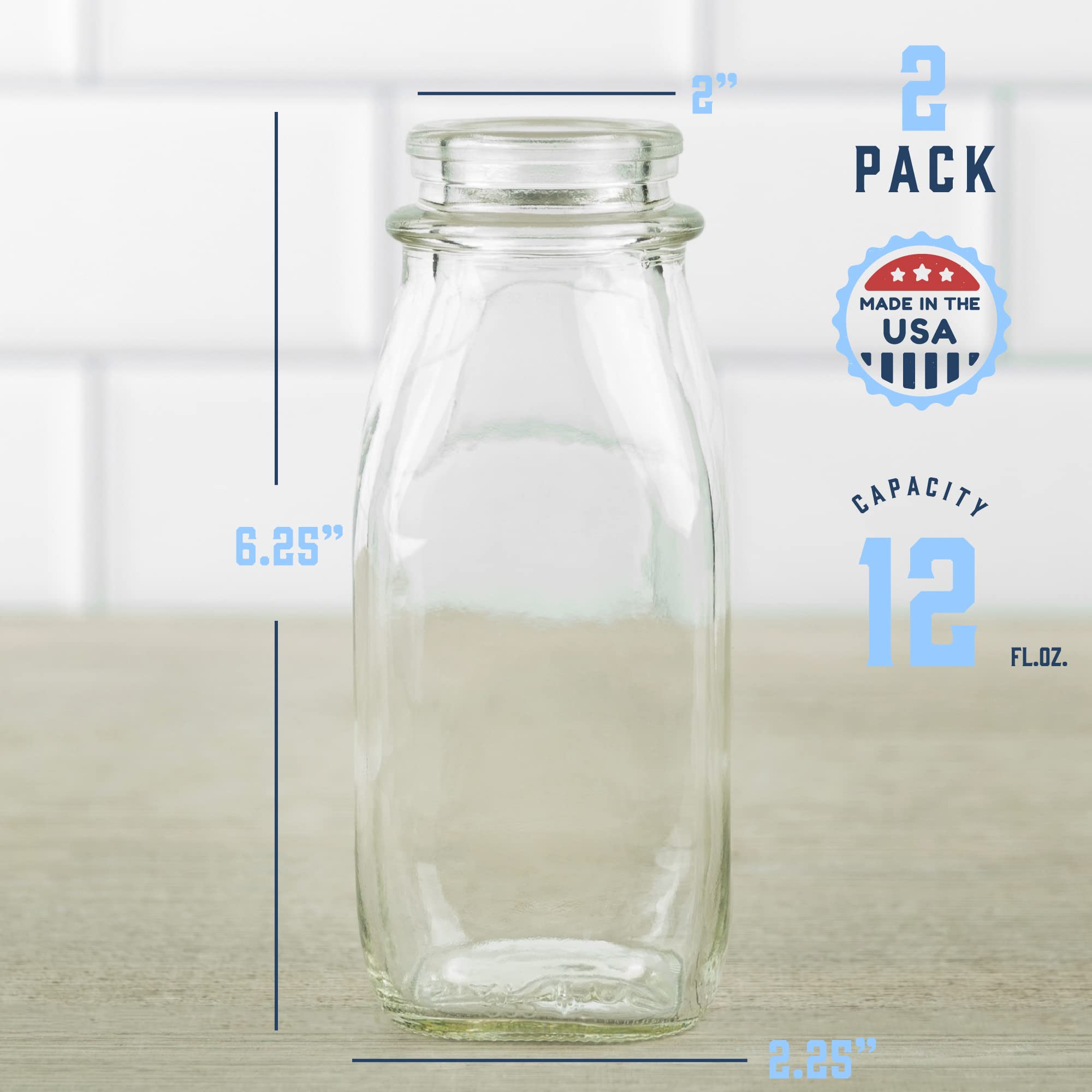kitchentoolz Glass Creamer Bottle 12 Oz Square Glass Milk Bottle with Lids- Glass Bottles with Lids - Milk Container for Refrigerator - 12 Ounce Milk Bottle with Lid and Pour Spout