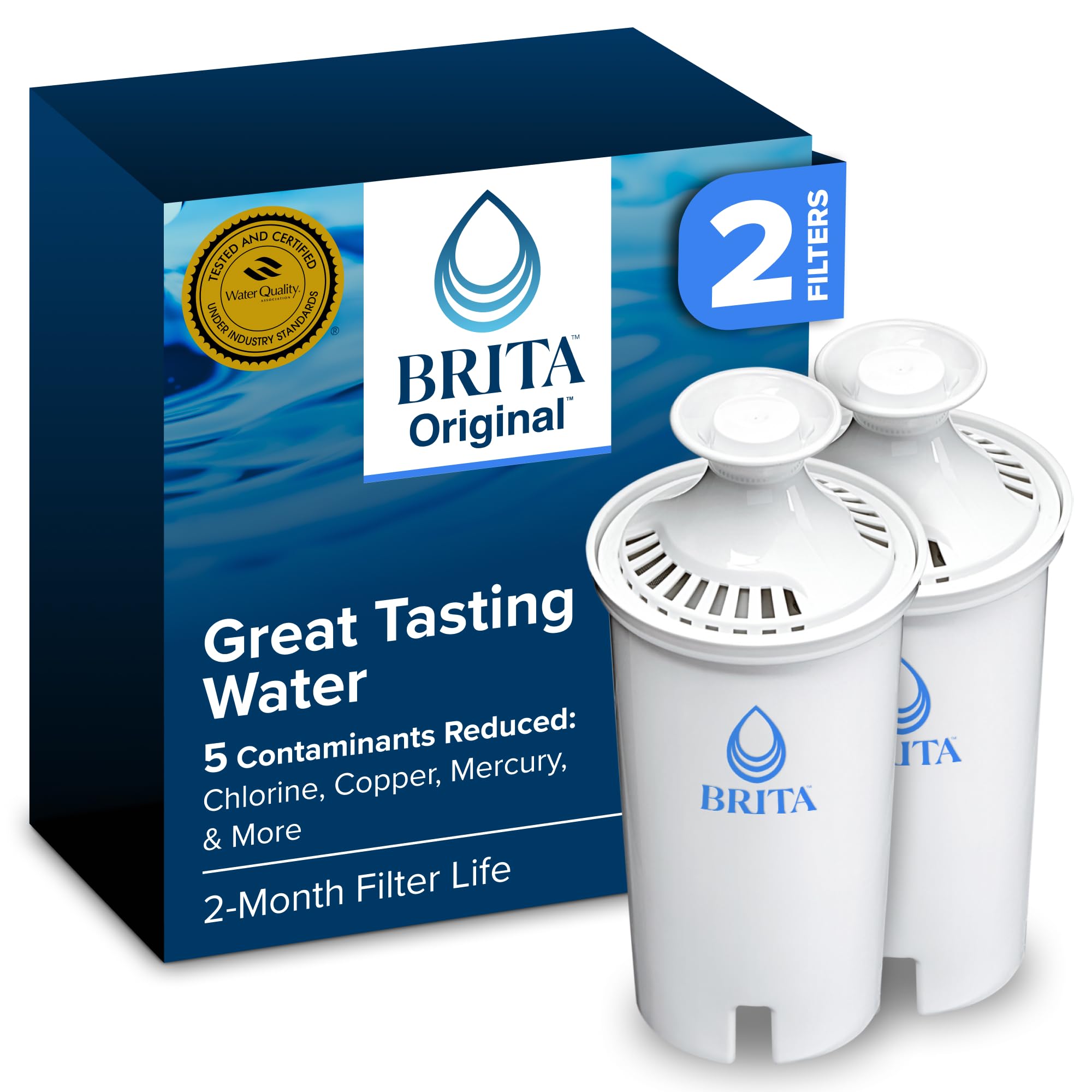 Brita Standard Water Filter for Pitchers and Dispensers, BPA-Free, Reduces Copper, Cadmium and Mercury Impurities, Lasts Two Months or 40 Gallons, Includes 3 Filters for Pitchers