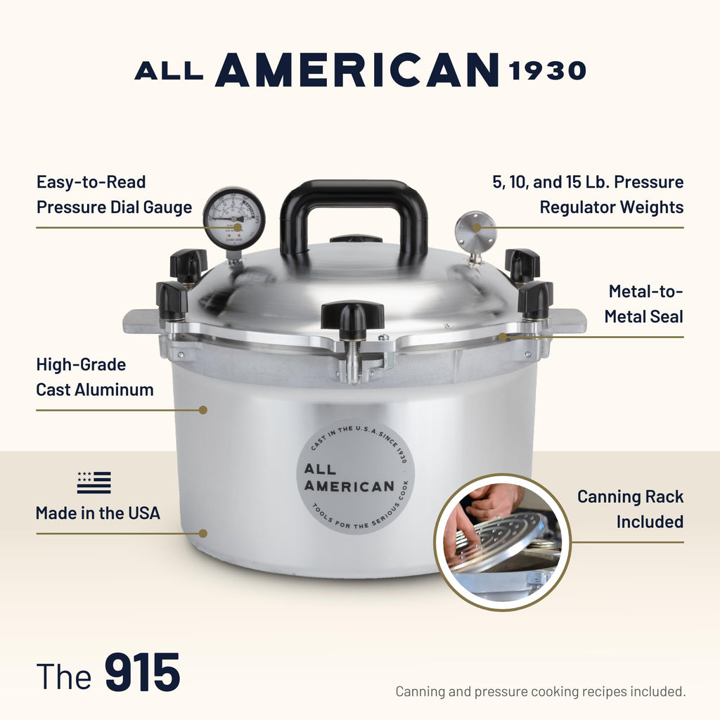 All American 1930: 21.5qt Pressure Cooker/Canner (The 921) - Exclusive Metal-to-Metal Sealing System - Easy to Open & Close - Suitable for Gas, Electric, or Flat Top Stoves - Made in the USA