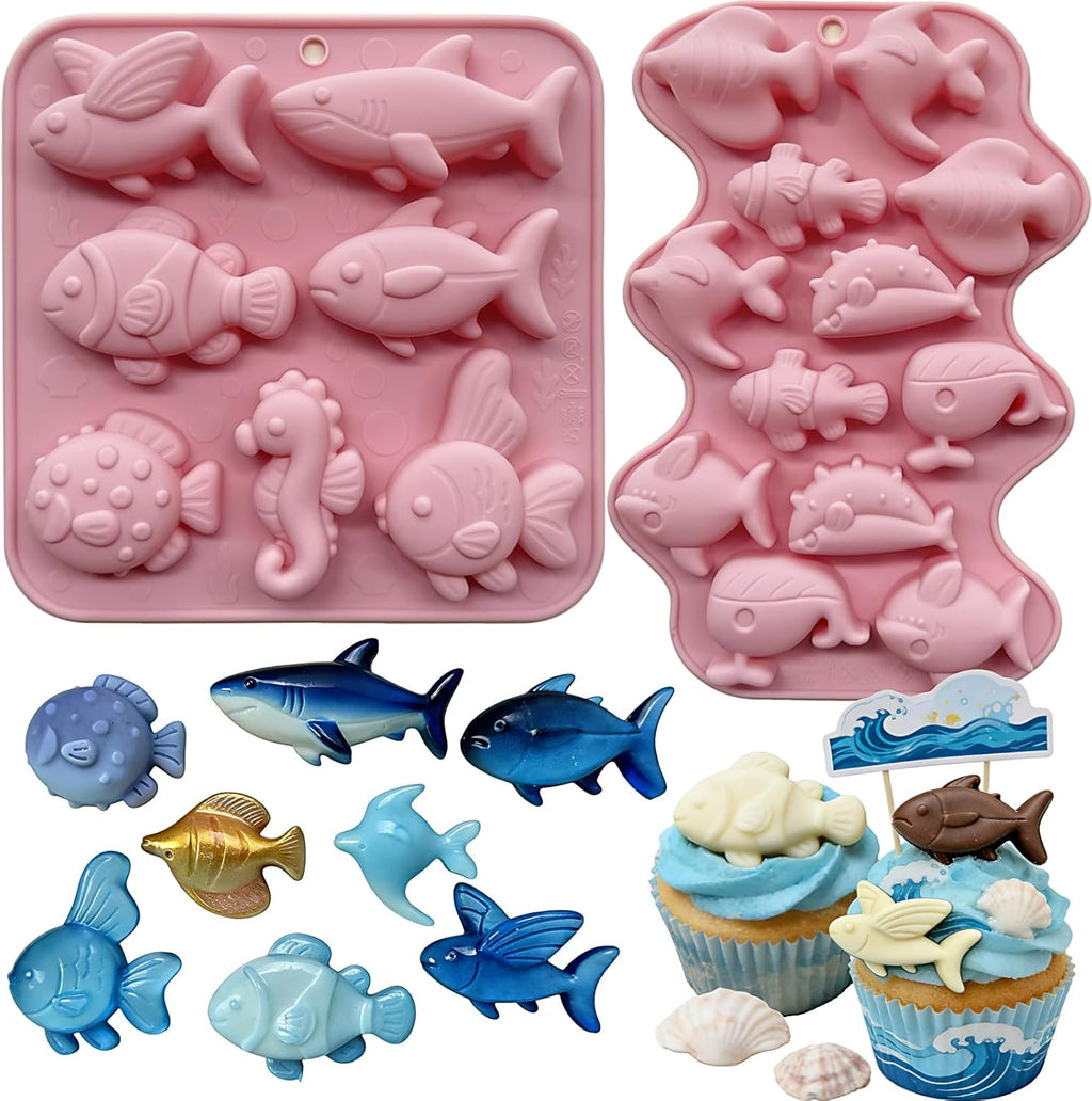 Ocean Sea Animal Silicone Molds, 2 Pack Marine Life Chocolate Mold Fish Candy Molds, Food Grade Non-Stick Baking Mould for Kids, Under The Sea Party Favors, Cake Topper, Resin, Soap Candle Making