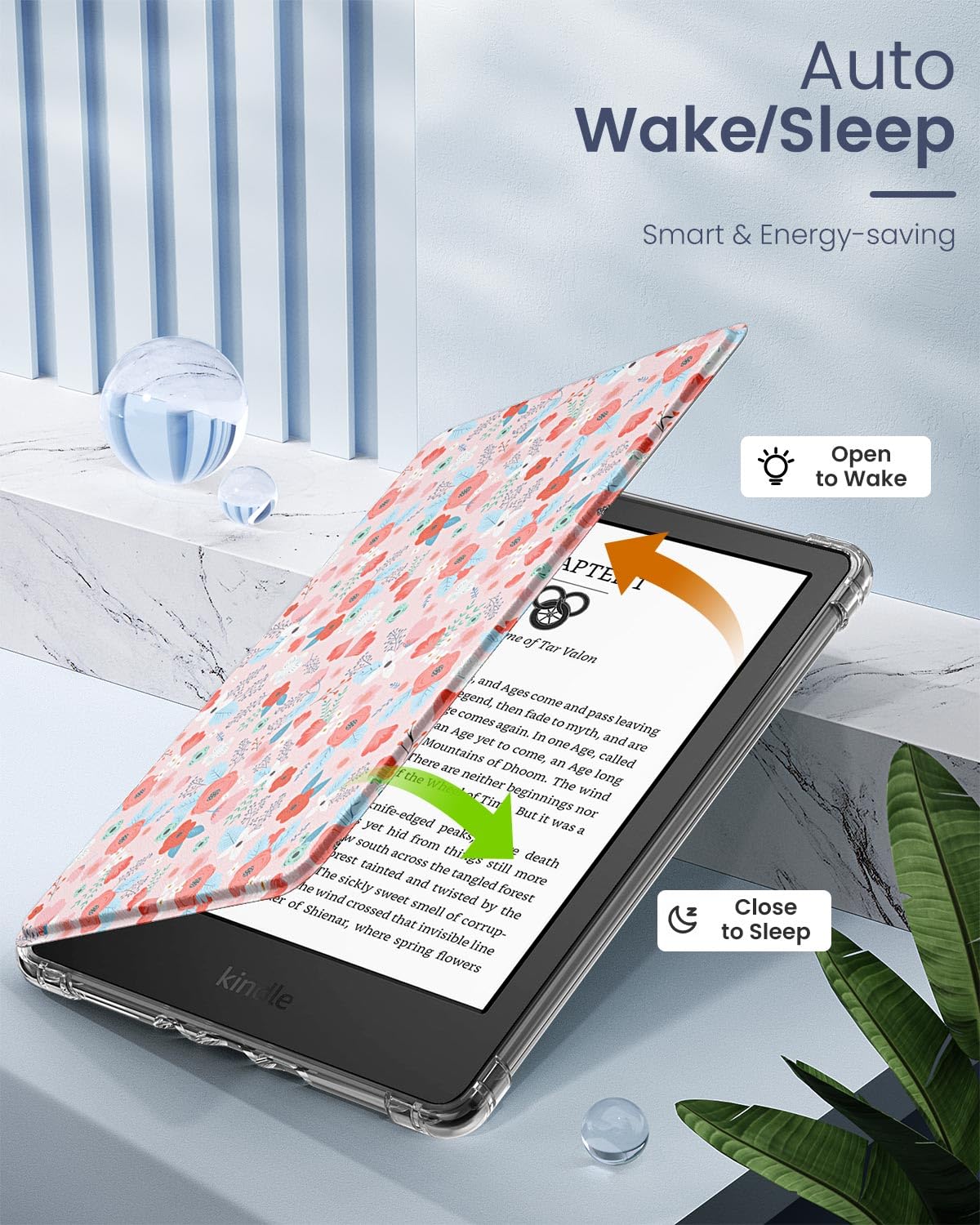 MoKo Case for 6" Kindle (11th Generation-2024/2022 Release), Ultra Clear Soft Flexible Transparent TPU Back Cover Light Shell with Auto Wake/Sleep for Kindle 11th Generation 2024, White Blue Floral