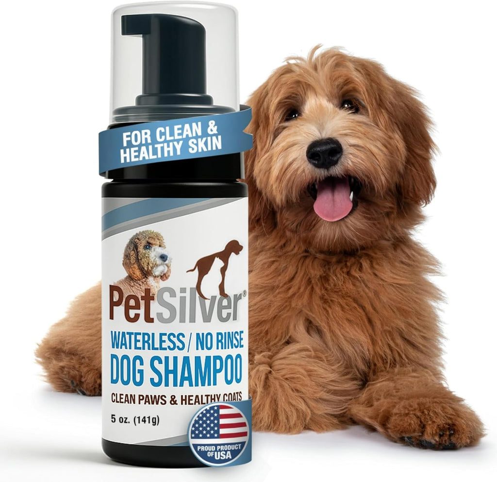 PetSilver Waterless Dog Shampoo - No Rinse Bath & Dry Shampoo for Dogs - Odor Control for Smelly Coats - Cleans, Conditions & Moisturizes - Hypoallergenic & Fragrance-Free - Patented Silver - 5 fl oz