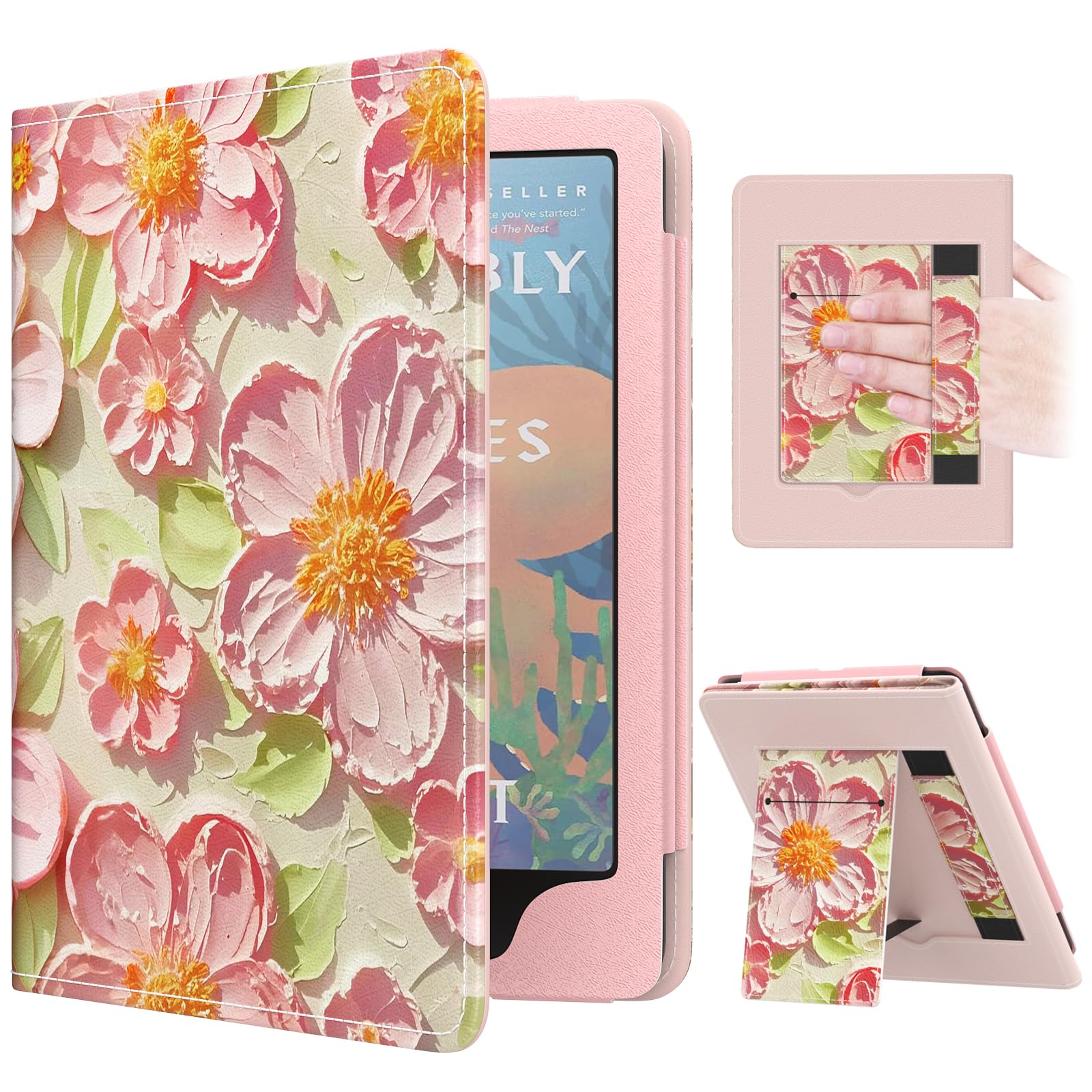 MoKo Case for 7"/6.8" Kindle Paperwhite(12th/11th Generation-2024/2021) and Kindle Colorsoft Signature Edition, Slim PU Shell Cover Case with Auto-Wake/Sleep for Kindle Paperwhite 2024, Flowers