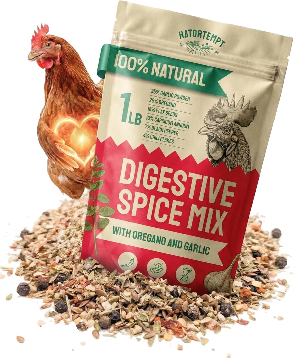 Hatortempt Chili Mix for Chickens - Intestinal Support Herbs for Chickens with Garlic, Oregano and Chili – Egg-Safe Poultry Herbs Mix (1lb)