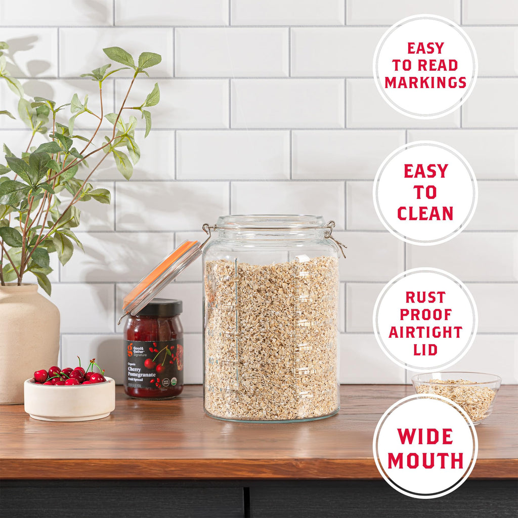 kitchentoolz 1 Gallon Glass Jar with Hinged Clamp-Top Lid – Premium Locking Mason Jar – Airtight Rubber Gasket, Wide Mouth – For Canning, Pickling, Fermenting – Measurement Markings – 1 Pack
