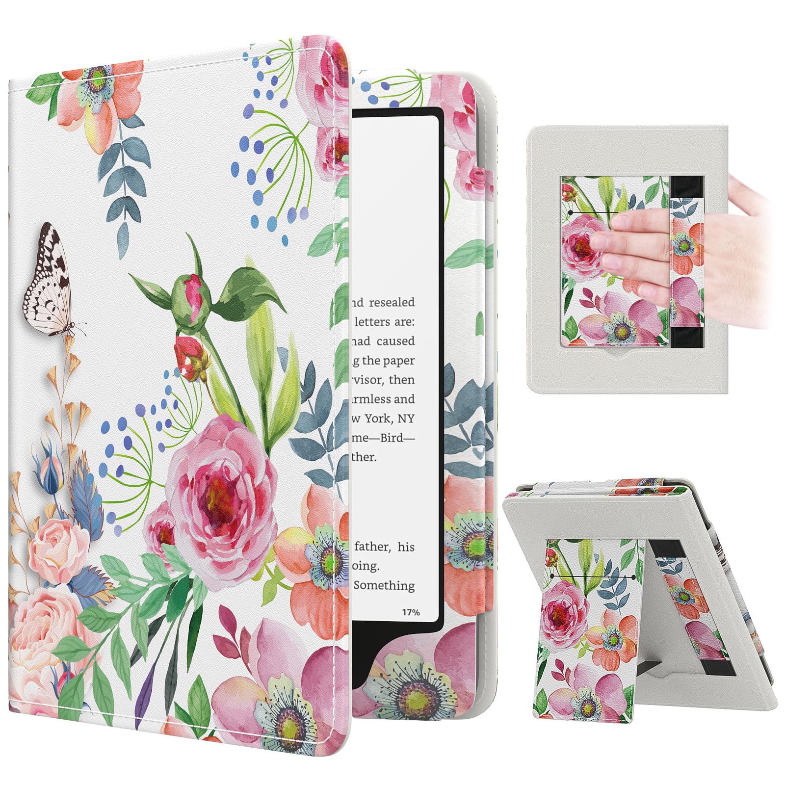 MoKo Case for 7"/6.8" Kindle Paperwhite(12th/11th Generation-2024/2021) and Kindle Colorsoft Signature Edition, Slim PU Shell Cover Case with Auto-Wake/Sleep for Kindle Paperwhite 2024, Flowers