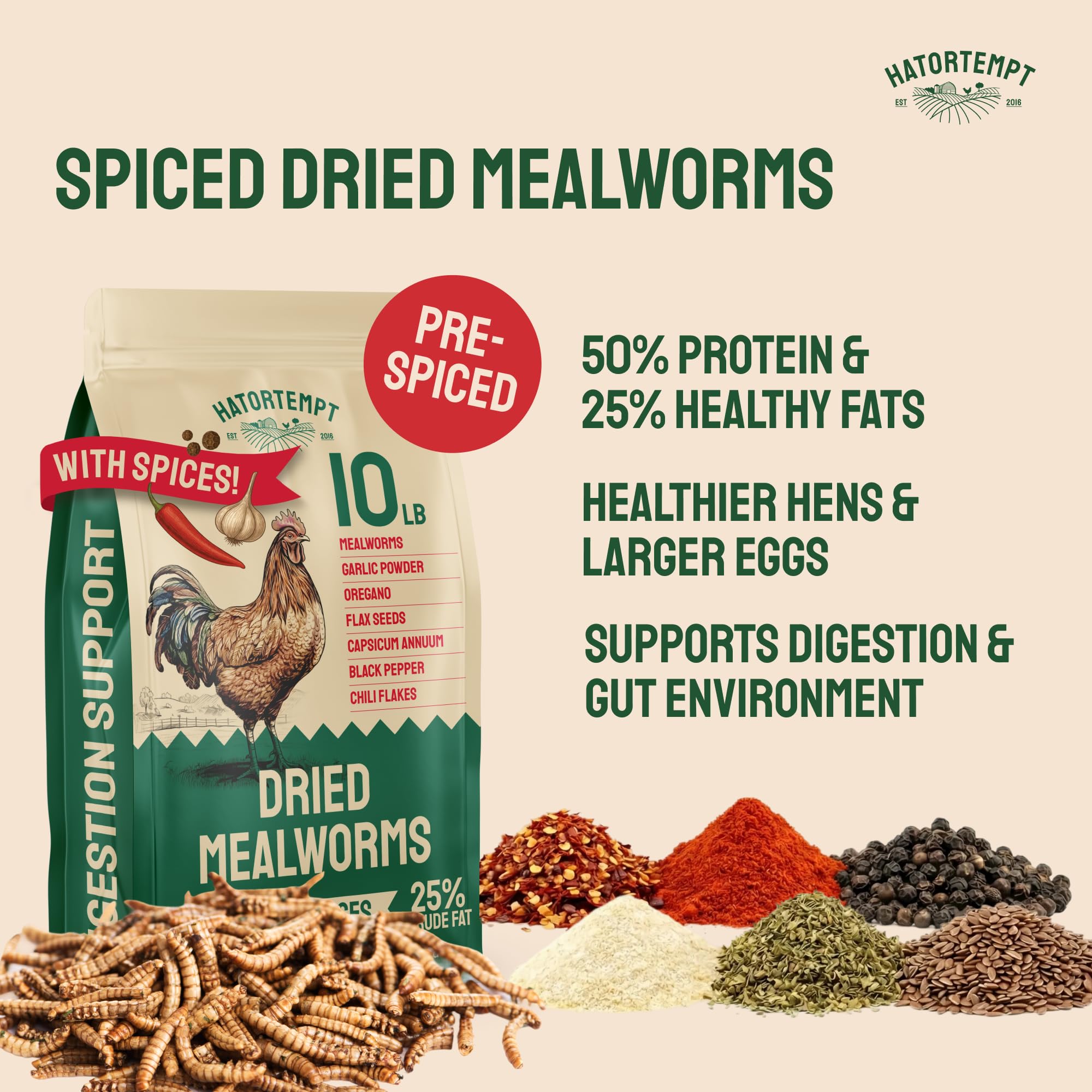 Hatortempt Bulk Dried Mealworms - 10 Lb Bag - Dried Mealworms for Chickens, Ducks & Wild Birds - High-Protein Chicken Feed & Bird Food