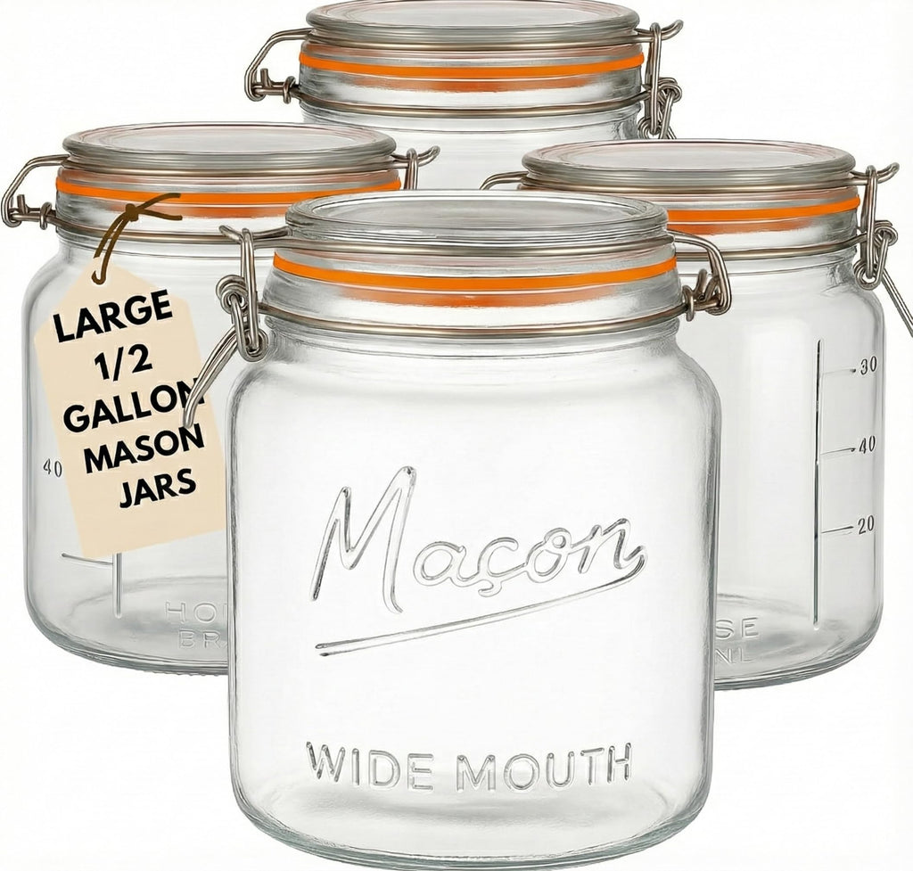 kitchentoolz 64 oz Mason Jars Wide Mouth with Airtight Lids – Set of 2 Half Gallon Glass Jar with Lid – Large Mason Jars with Lids for Kitchen Pantry, Storage, and Canning