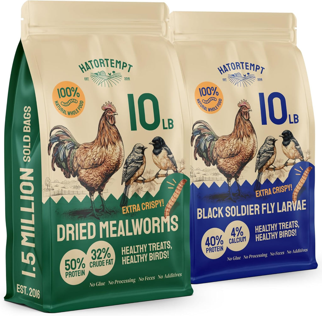 Hatortempt 10lb Dried Mealworms and 10lb Black Soldier Fly Larvae Bundle - High-Protein, High-Calcium Treat Duo for Chickens (2-Pack)