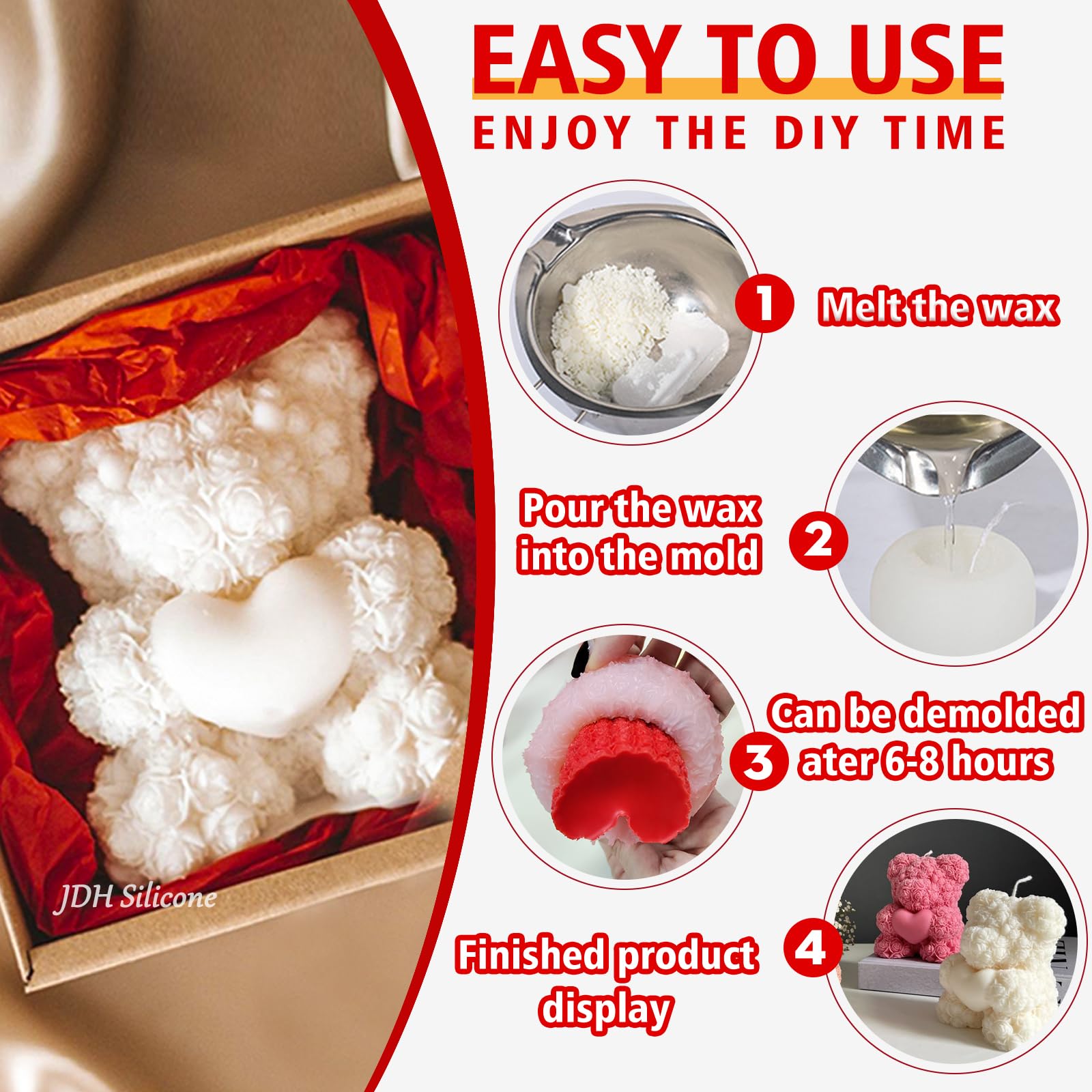 2PCS 3D Rose Bear Wax Candle Mold,Teddy Bear Candle Making Molds,Cute Epoxy Resin Molds,Ornament for DIY Wax Candles Art Craft Cake Chocolate Soap Mold Home Decor Valentine Gifts Birthday Gift