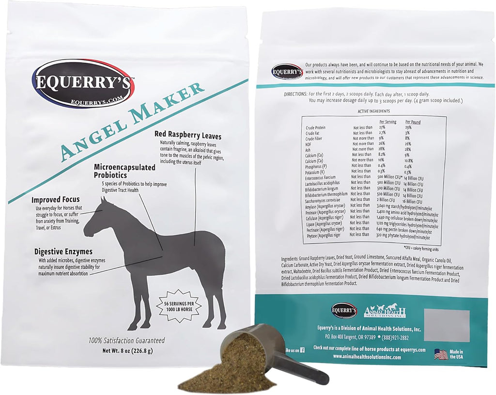 EQUERRY'S Angel Maker, Raspberry Leaf, Microencapsulated Probiotics Supplement for Horse Ulcer Treatment & Digestive Health Calmness & Focus 8 oz
