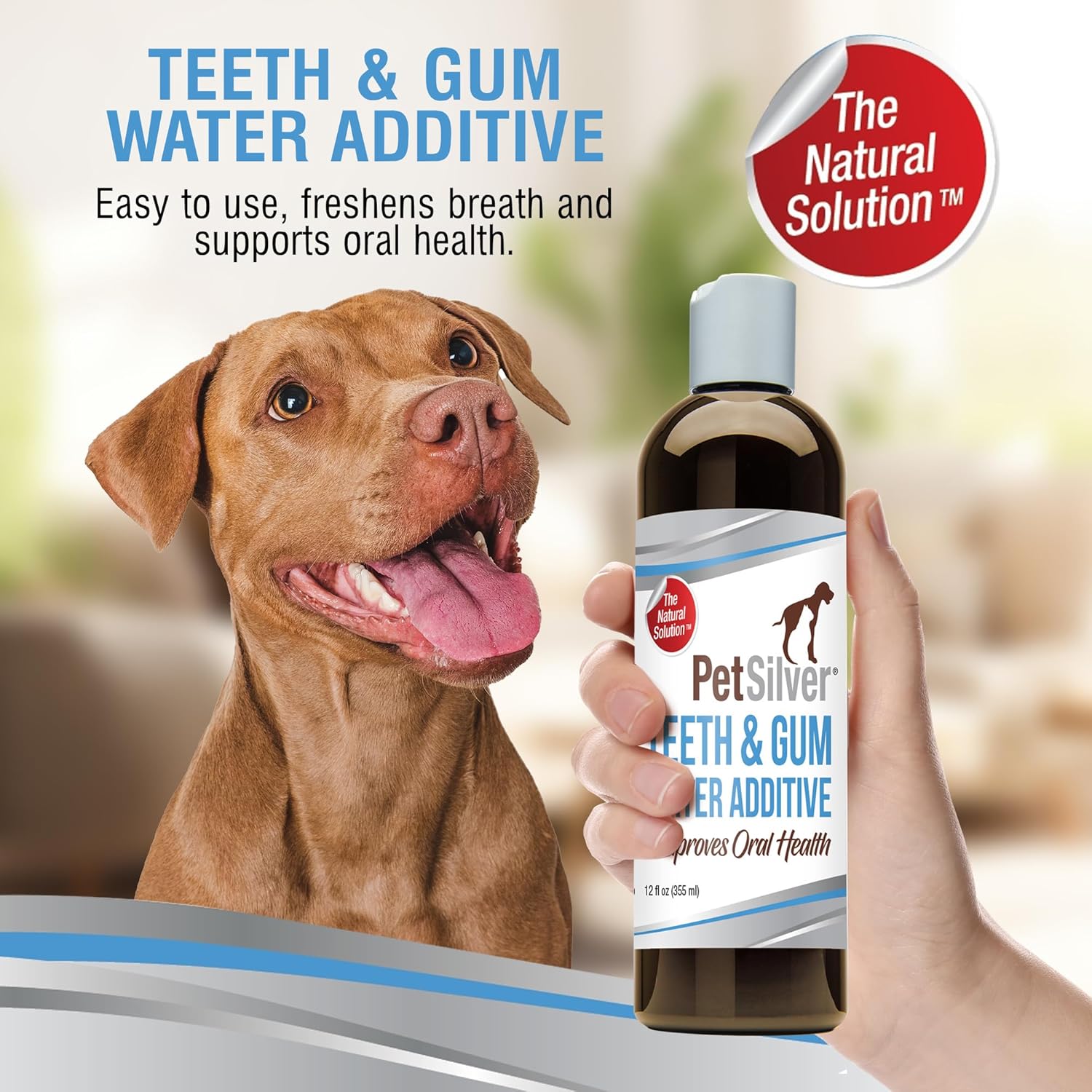 PetSilver Teeth & Gum Water Additive for Dental Care - Pet Breath Freshener - Targets Tartar, Plaque & Promotes Fresh Breath - Dog Oral Care & Cat Teeth Cleaning - No Brushing & Tasteless - 12 fl oz