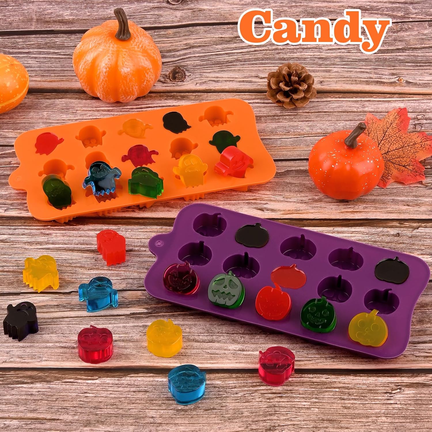 HUAKENER 4 Pack Halloween Candy Molds, Silicone Pumpkin Mold, Ghost Chocolate Mold, Halloween Silicone Molds for Chocolate, Candy, Jelly, Wax Melt, Ice Cubes, Cake Decorations