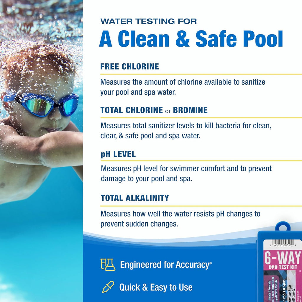 Taylor K-1004 DPD, 6-in-1 Pool Test Kit for for Free & Total Chlorine, Bromine, pH, Acid Demand, Total Alkalinity, 100+ Tests, Quick & Easy for Pools & Spas | Made in The USA