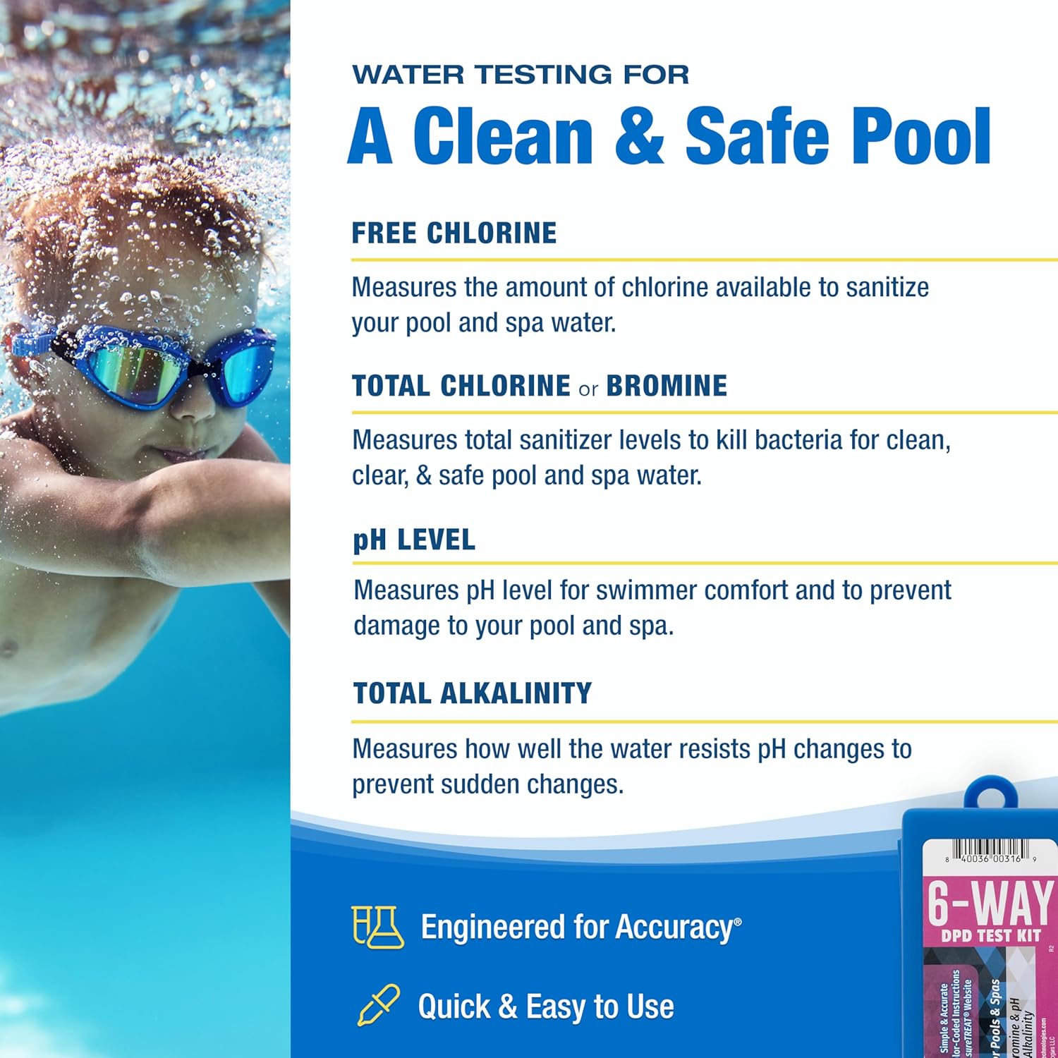 Taylor K-1004 DPD, 6-in-1 Pool Test Kit for for Free & Total Chlorine, Bromine, pH, Acid Demand, Total Alkalinity, 100+ Tests, Quick & Easy for Pools & Spas | Made in The USA