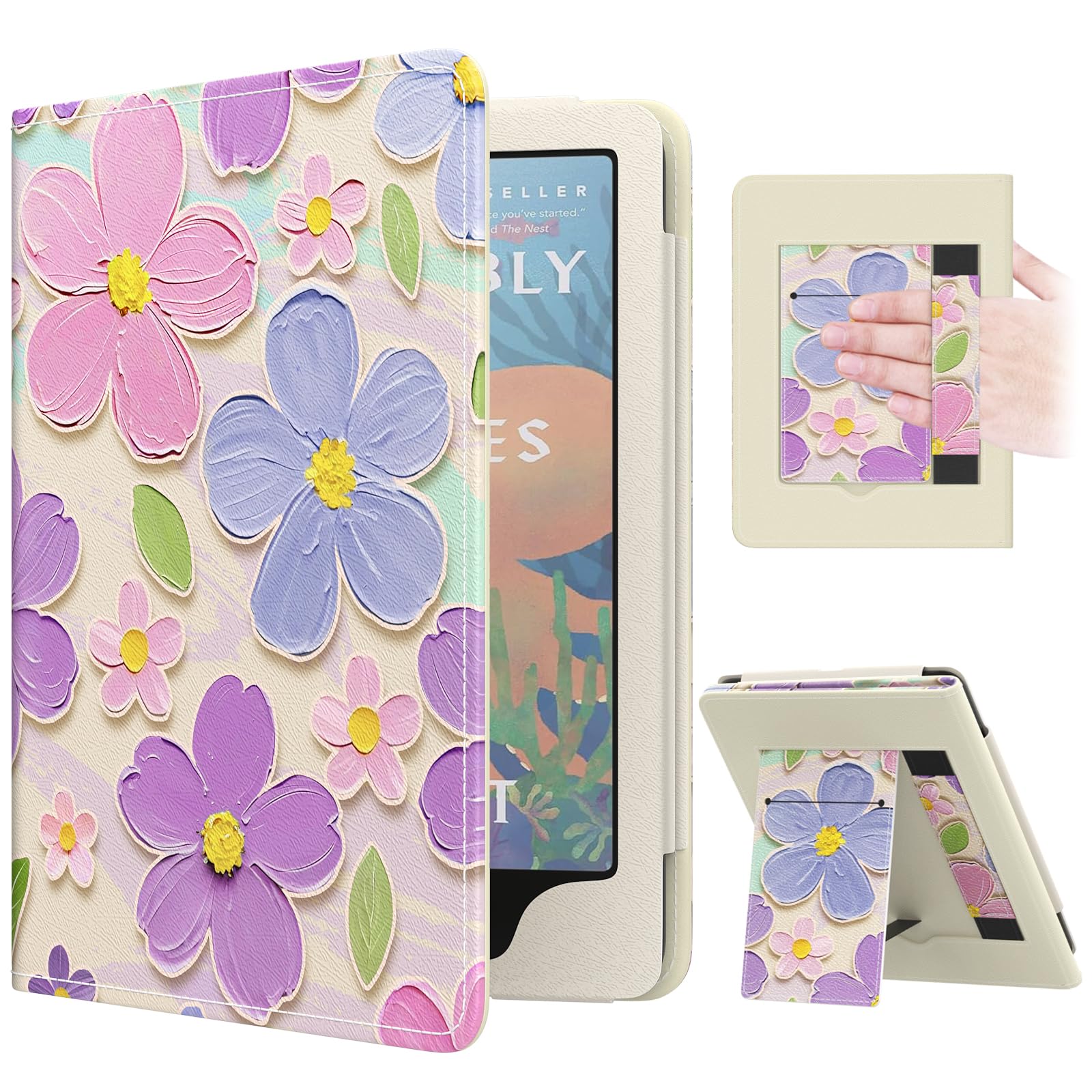 MoKo Case for 7"/6.8" Kindle Paperwhite(12th/11th Generation-2024/2021) and Kindle Colorsoft Signature Edition, Slim PU Shell Cover Case with Auto-Wake/Sleep for Kindle Paperwhite 2024, Flowers