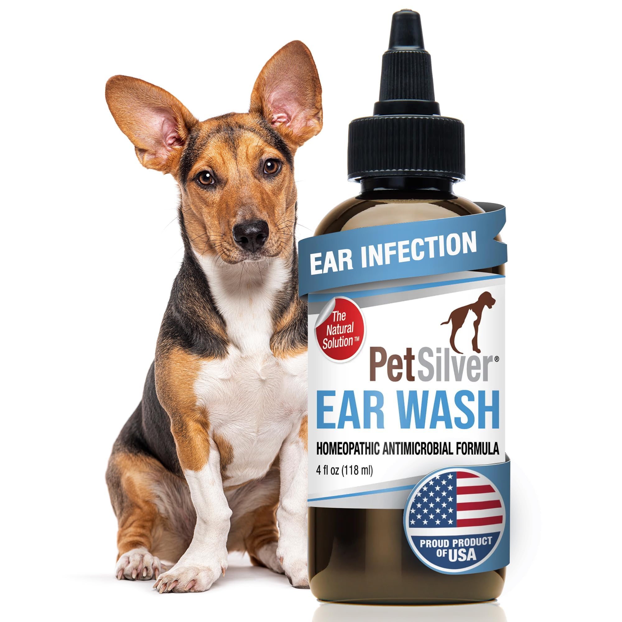 PetSilver Dog Ear Cleaner Solution – Gentle Ear Wash for Dogs and Cats with Chelated Silver – Otic Rinse Formula Targets Wax Buildup, Smelly Odor, and Itchy or Irritated Areas - Made in USA - 8 fl oz