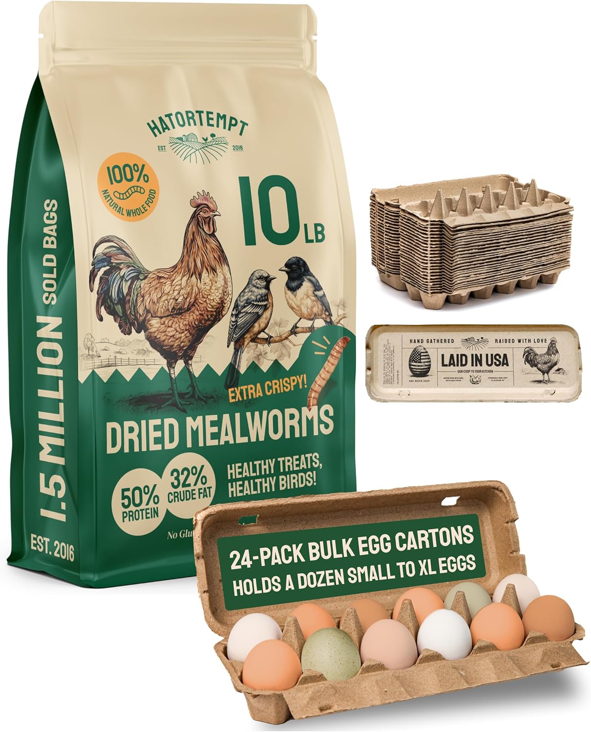 Hatortempt 10lb Dried Mealworms and 24-Pack Egg Cartons Bundle - High-Protein Treats for Quality Eggs and Reusable Bulk Cartons