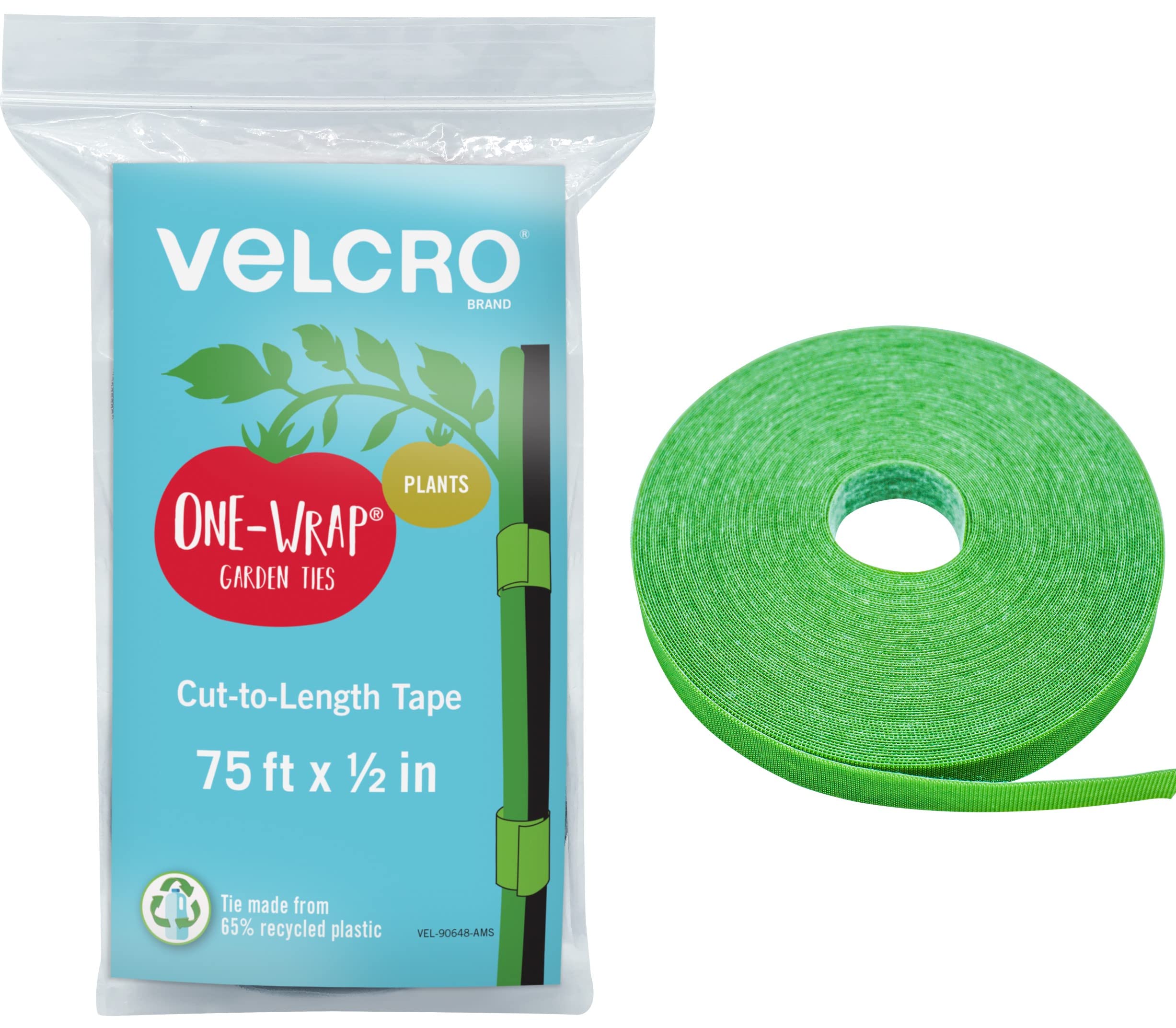 VELCRO Brand VEL-30071-USA ONE-WRAP Garden Ties | Plant Supports for Effective Growing | Strong Grips are Reusable and Adjustable | Cut-to-Length, 50 ft x 1/2 in, Green-Recycled Plastic