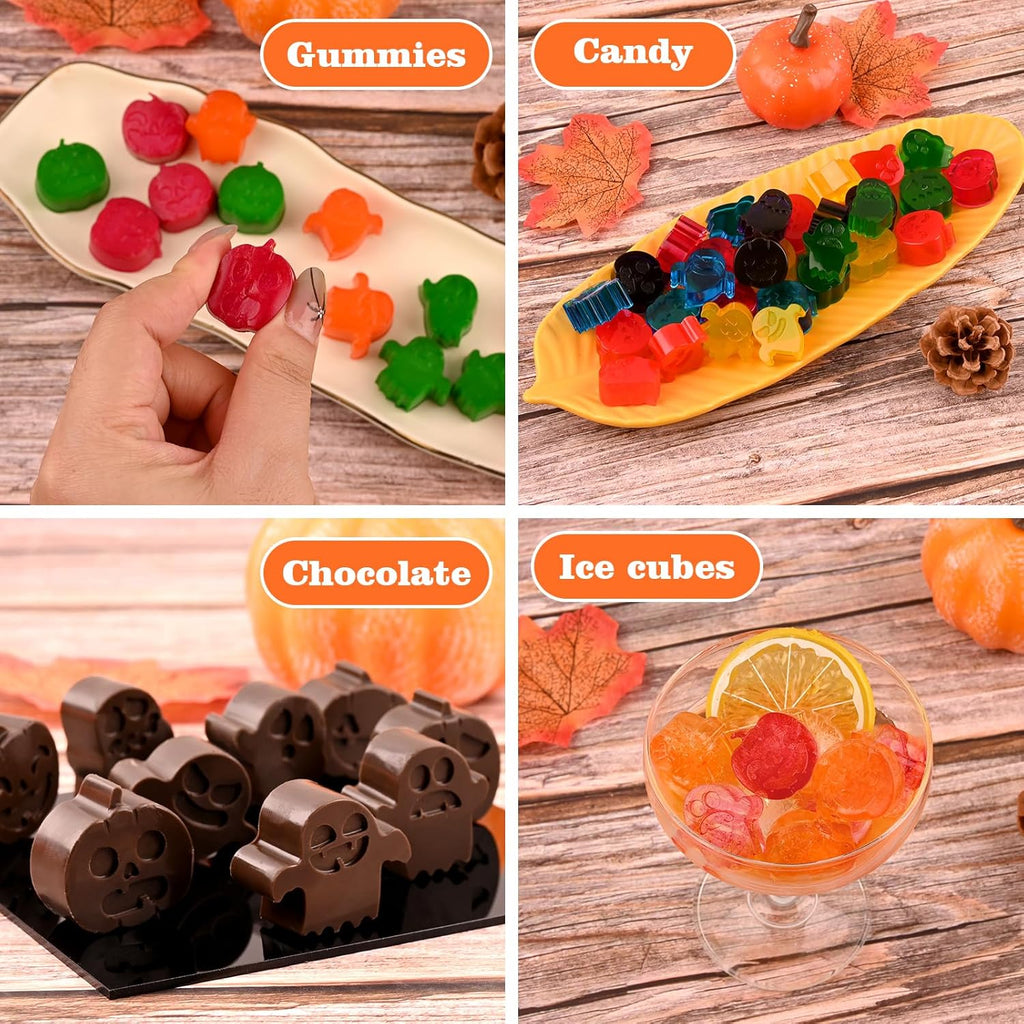 HUAKENER 4 Pack Halloween Candy Molds, Silicone Pumpkin Mold, Ghost Chocolate Mold, Halloween Silicone Molds for Chocolate, Candy, Jelly, Wax Melt, Ice Cubes, Cake Decorations