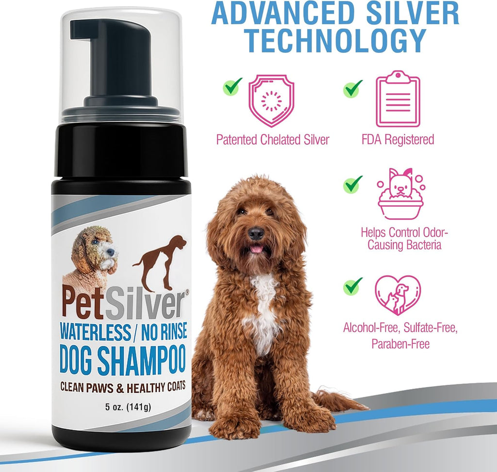 PetSilver Waterless Dog Shampoo - No Rinse Bath & Dry Shampoo for Dogs - Odor Control for Smelly Coats - Cleans, Conditions & Moisturizes - Hypoallergenic & Fragrance-Free - Patented Silver - 5 fl oz