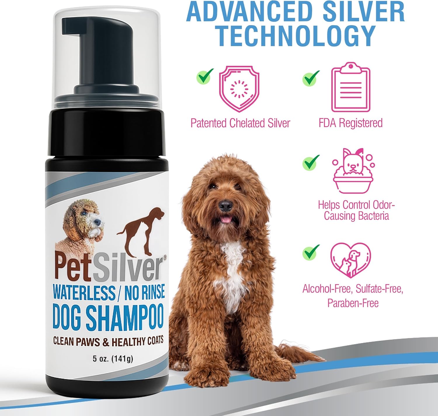 PetSilver Waterless Dog Shampoo - No Rinse Bath & Dry Shampoo for Dogs - Odor Control for Smelly Coats - Cleans, Conditions & Moisturizes - Hypoallergenic & Fragrance-Free - Patented Silver - 5 fl oz