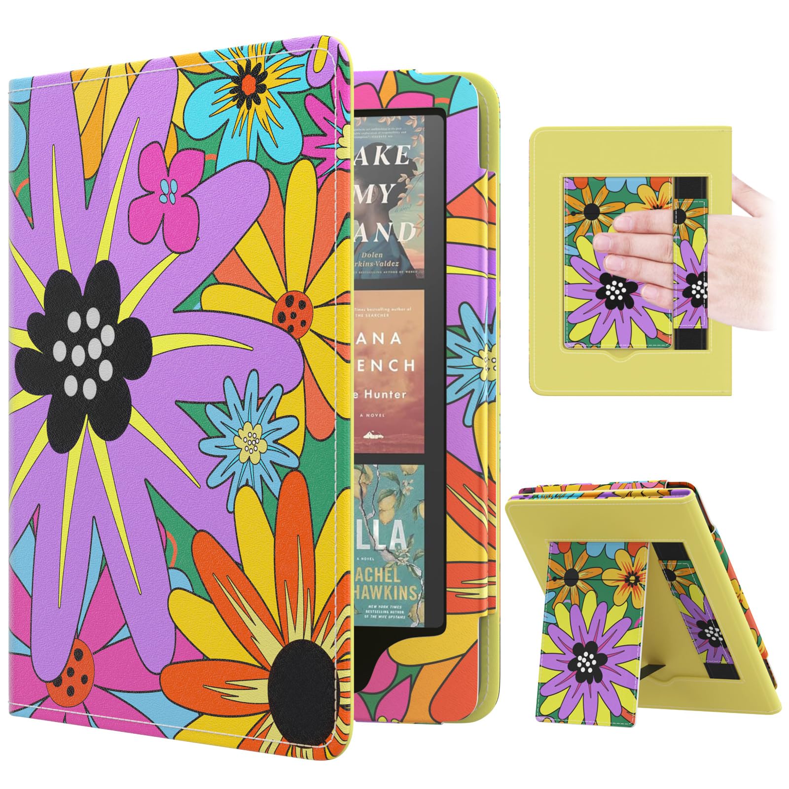MoKo Case for 7"/6.8" Kindle Paperwhite(12th/11th Generation-2024/2021) and Kindle Colorsoft Signature Edition, Slim PU Shell Cover Case with Auto-Wake/Sleep for Kindle Paperwhite 2024, Flowers