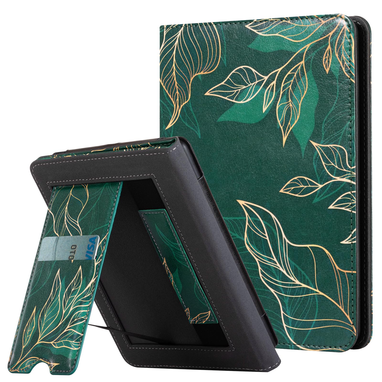 CoBak Case with Stand for Kindle Paperwhite 12th Gen 2024 Released (7") & Kindle Colorsoft Signature Edition - Durable PU Leather Cover with Auto Sleep Wake, Card Slot, Hand Strap Feature, Sage Green