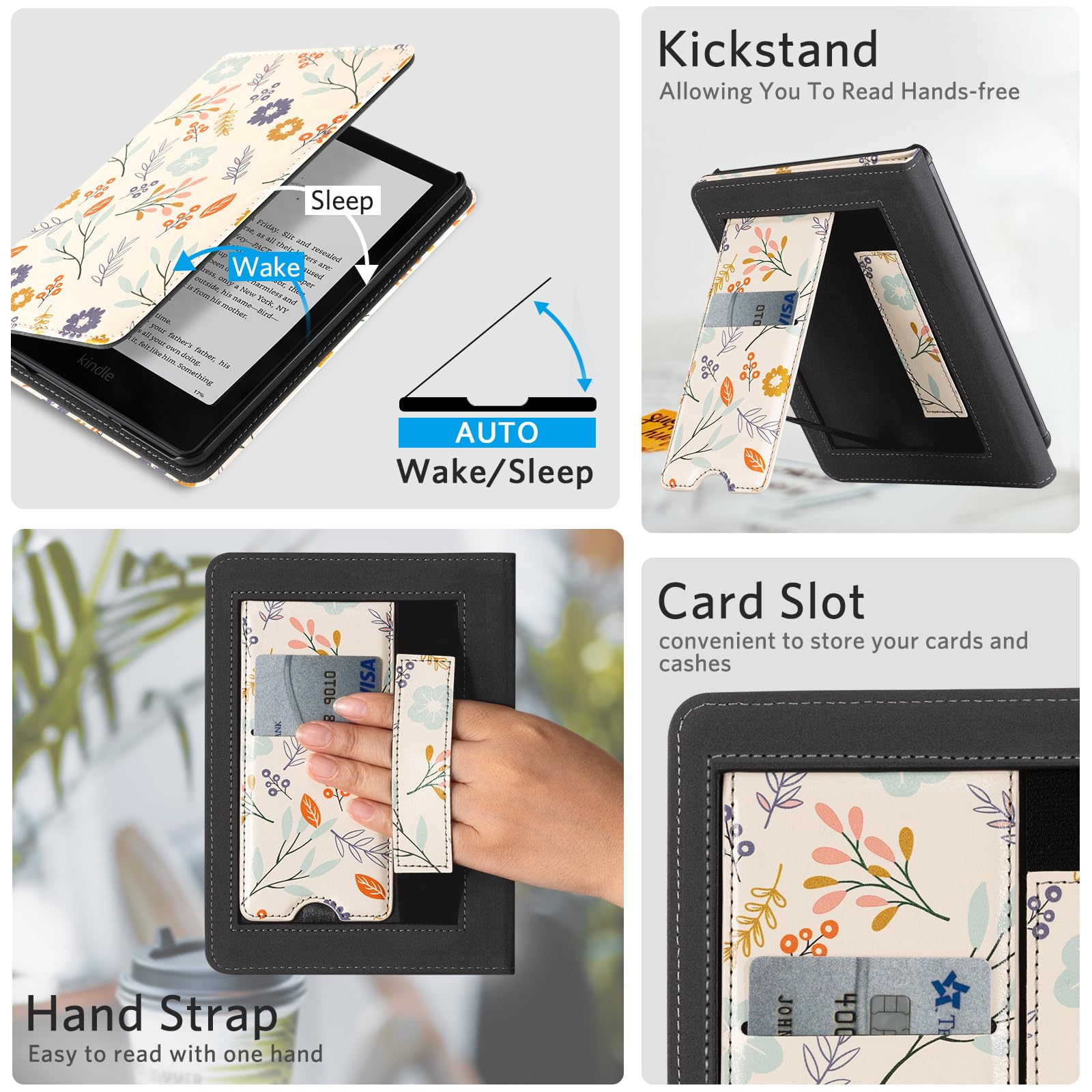 CoBak Case with Stand for Kindle Paperwhite 12th Gen 2024 Released (7") & Kindle Colorsoft Signature Edition - Durable PU Leather Cover with Auto Sleep Wake, Card Slot, Hand Strap Feature, Sage Green