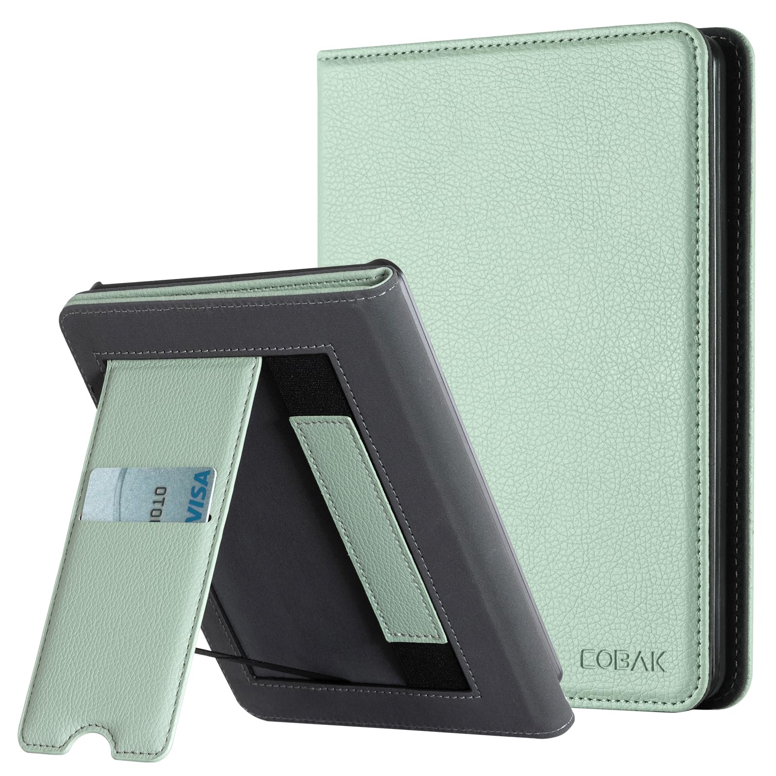 CoBak Case with Stand for Kindle Paperwhite 12th Gen 2024 Released (7") & Kindle Colorsoft Signature Edition - Durable PU Leather Cover with Auto Sleep Wake, Card Slot, Hand Strap Feature, Sage Green