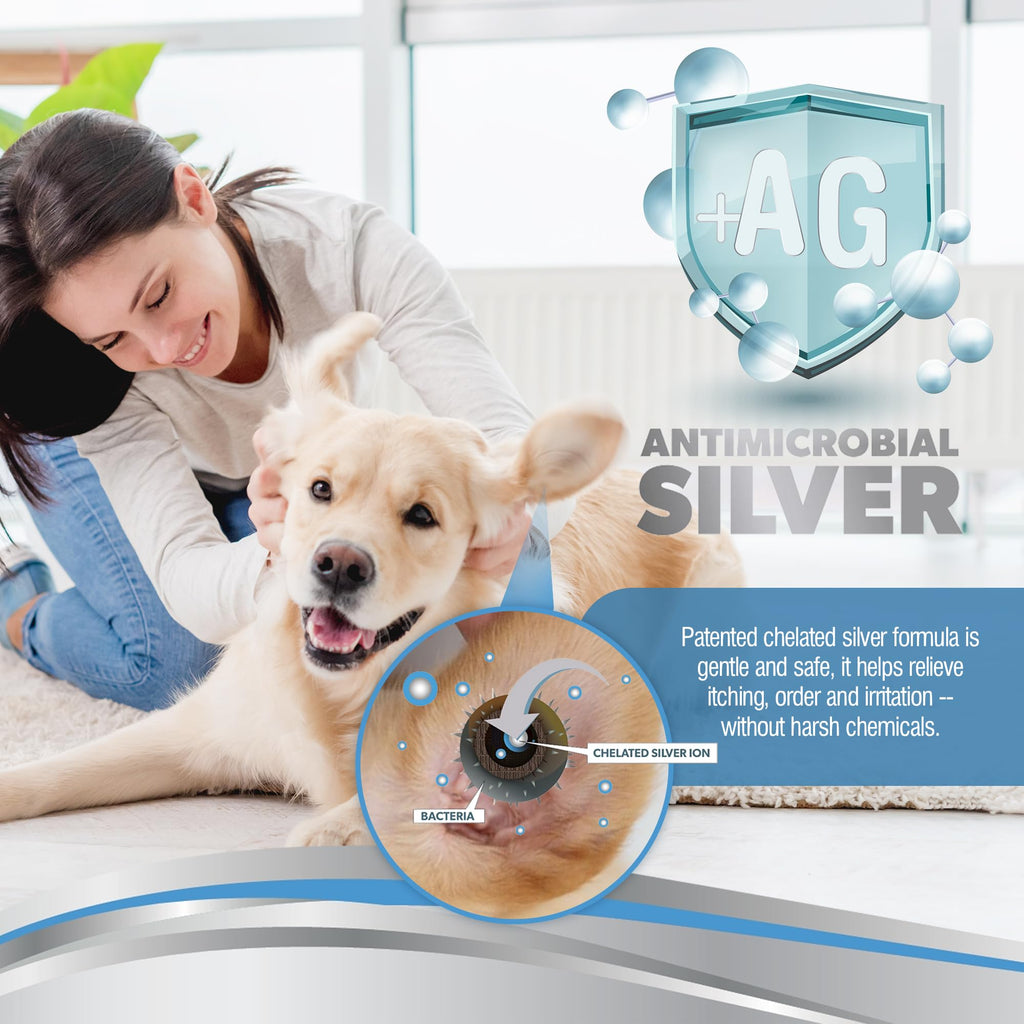PetSilver Dog Ear Cleaner Solution – Gentle Ear Wash for Dogs and Cats with Chelated Silver – Otic Rinse Formula Targets Wax Buildup, Smelly Odor, and Itchy or Irritated Areas - Made in USA - 8 fl oz