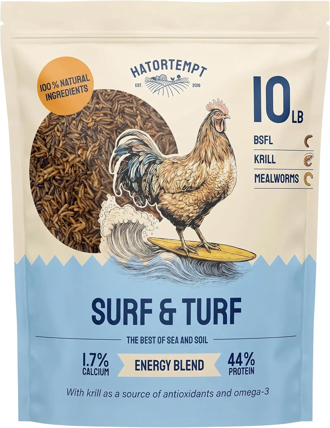 Hatortempt Surf and Turf 10lbs - Dried Mealworms for Chickens, Krill and Black Soldier Fly Larvae - High Calcium and Protein - Chicken Treats for Hens, Wild Birds and Duck Food
