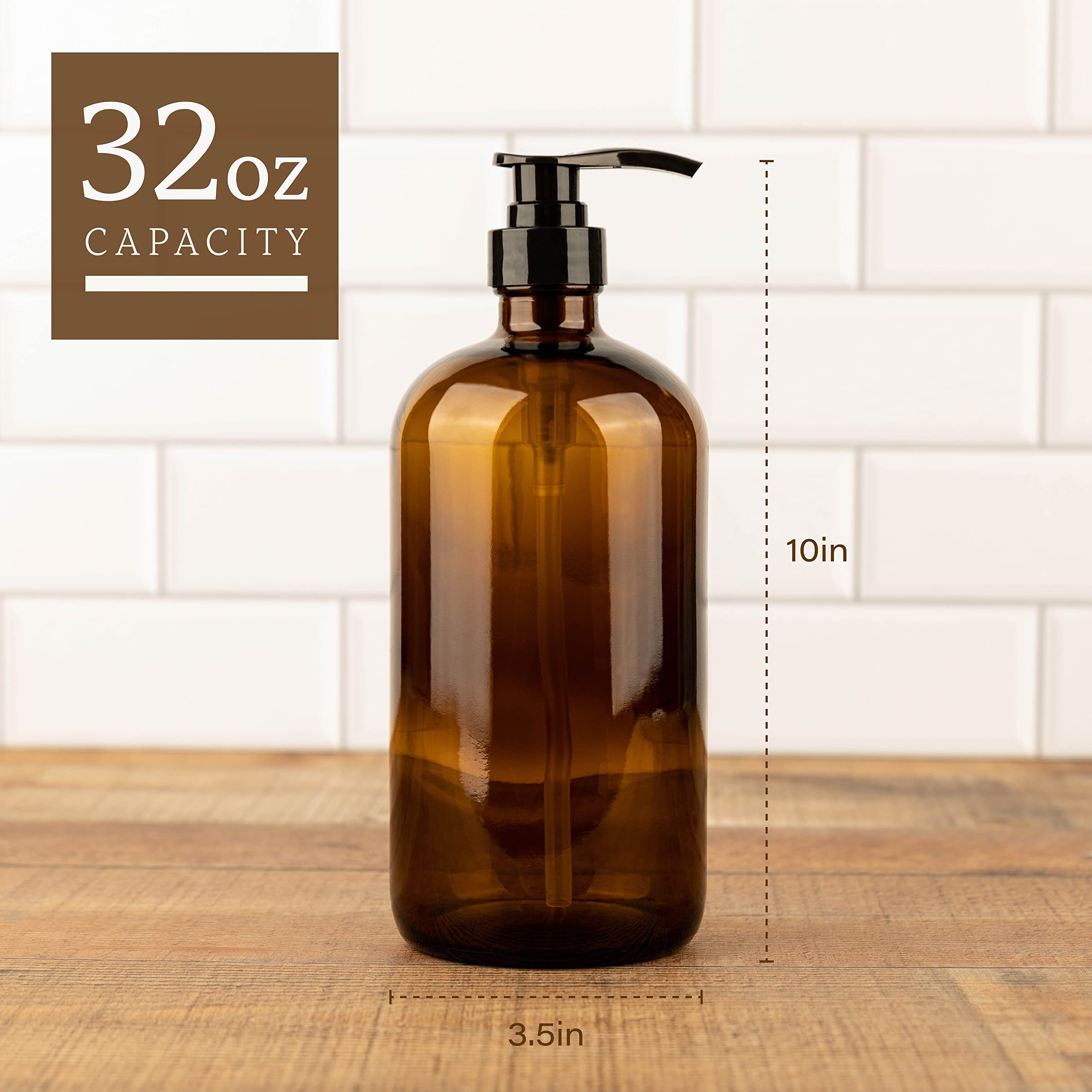32-Ounce Pump Bottles, Large Clear Glass Boston Round Bottles w/Black Pumps. Great for Lotions, Laundry Soap Detergent, Oils, Sauces - Food Safe and Medical Grade - by kitchentoolz (Pack of 2)