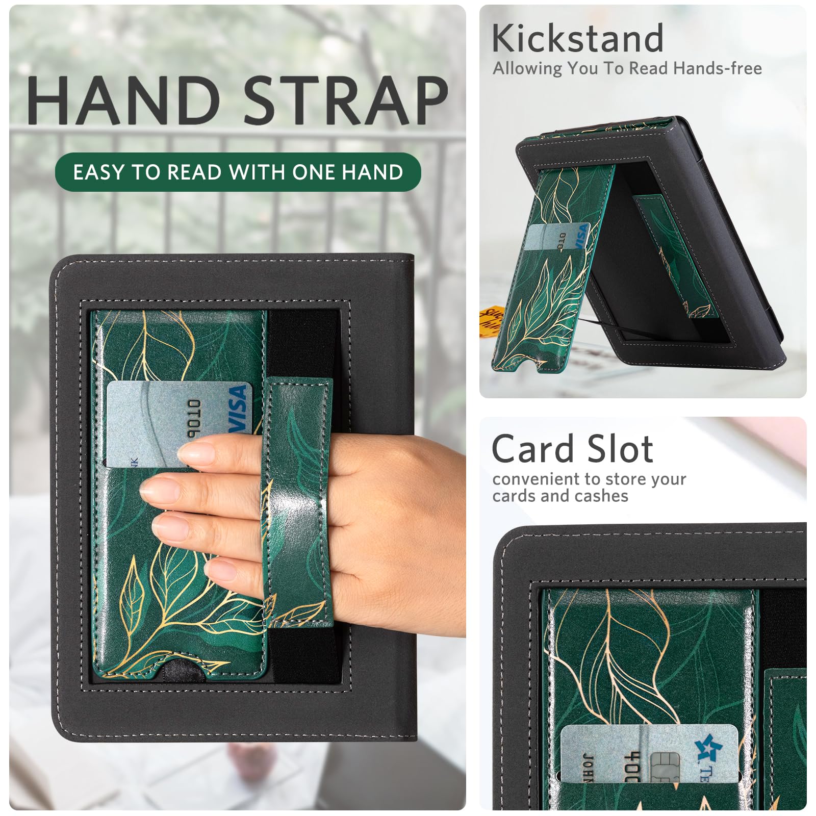 CoBak Case with Stand for Kindle Paperwhite 12th Gen 2024 Released (7") & Kindle Colorsoft Signature Edition - Durable PU Leather Cover with Auto Sleep Wake, Card Slot, Hand Strap Feature, Sage Green