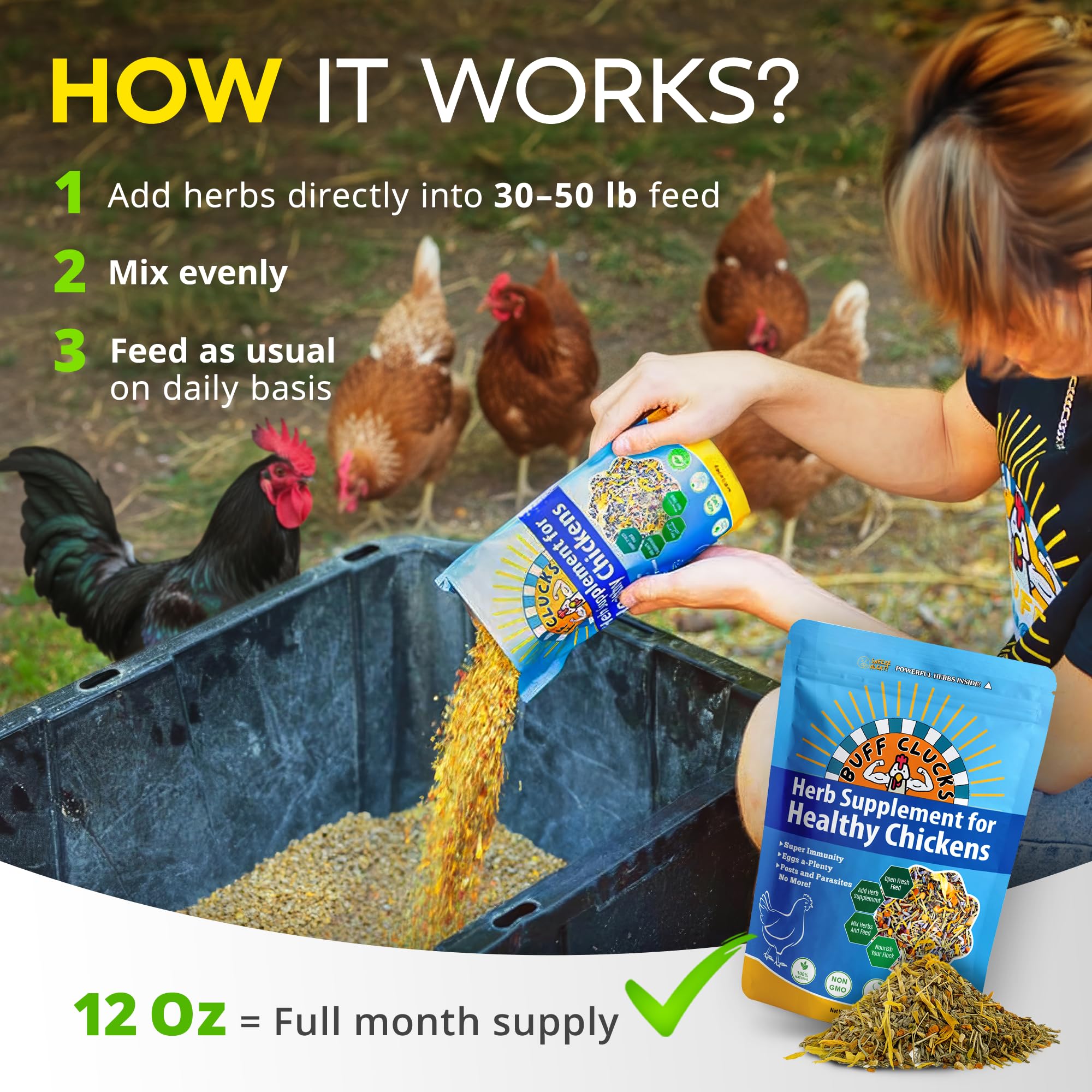 Buff Clucks Chick Formula Herbal Supplement for Baby Chicks – All-Natural Botanical Blend for Daily Wellness, Feather Quality – Plant-Based Herbs for Coop Snacks - Calendula, Oregano, Lemon Balm, USA