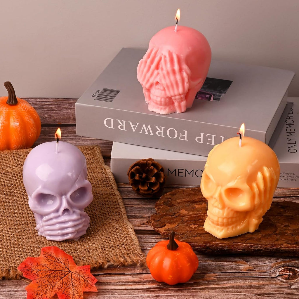 HUAKENER 3 Pack Skull Candle Molds, 3D Skull Resin Molds, Hear-no, Speak-no, See-no Skull Silicone Molds for Candle, Epoxy Resin, Soap, Halloween Cake Decor