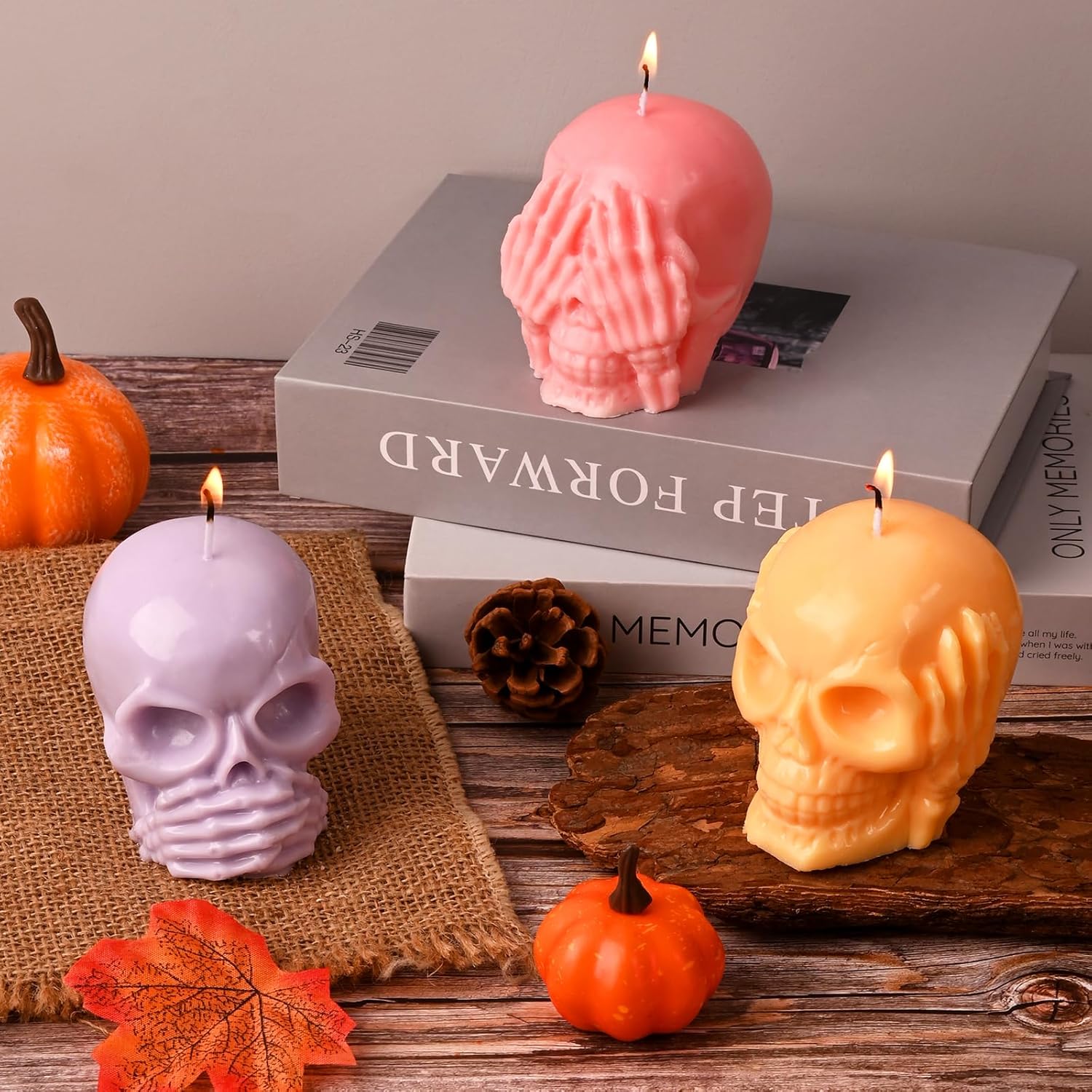 HUAKENER 3 Pack Skull Candle Molds, 3D Skull Resin Molds, Hear-no, Speak-no, See-no Skull Silicone Molds for Candle, Epoxy Resin, Soap, Halloween Cake Decor