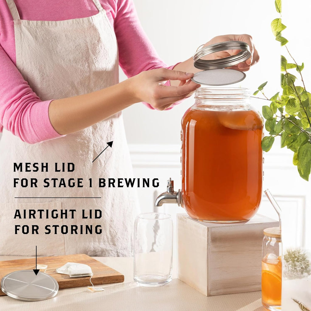 Kombucha Continuous Brewing Jar with Spigot - Gallon Glass Jar Dispenser & Scoby Starter Hotel with Mesh Lid & Airtight Lid - Designed by kitchentoolz for Home Fermentation