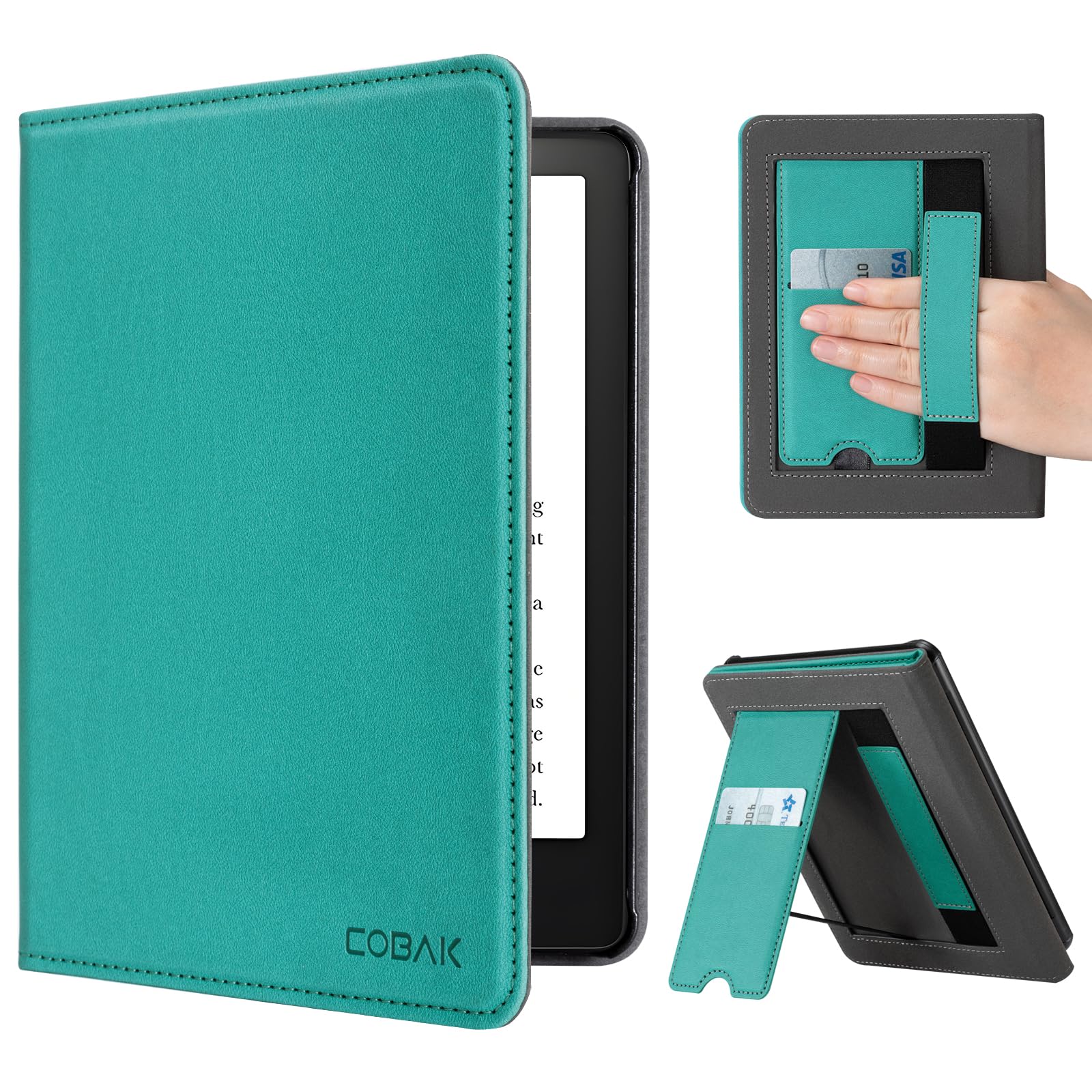 CoBak Case with Stand for Kindle Paperwhite 12th Gen 2024 Released (7") & Kindle Colorsoft Signature Edition - Durable PU Leather Cover with Auto Sleep Wake, Card Slot, Hand Strap Feature, Sage Green